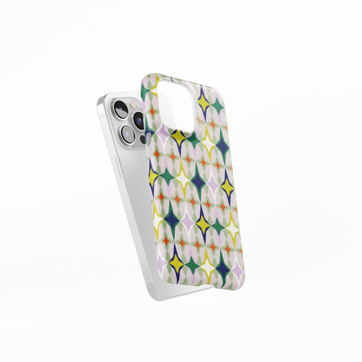 Snap phone case Magic Spring pattern design with a dynamic geometric symmetry in geometric style, featuring an elegant and expressive aesthetic design. Main colors are green, yellow, orange red and deep blue. Side view.