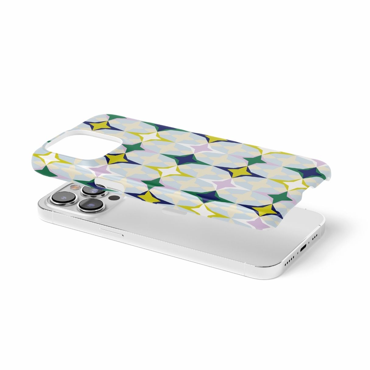 Snap phone case Magic Winter pattern design with a dynamic geometric symmetry in geometric style, featuring an elegant and expressive aesthetic design. Main colors are divine blue, yellow, green and deep blue. Extend view.