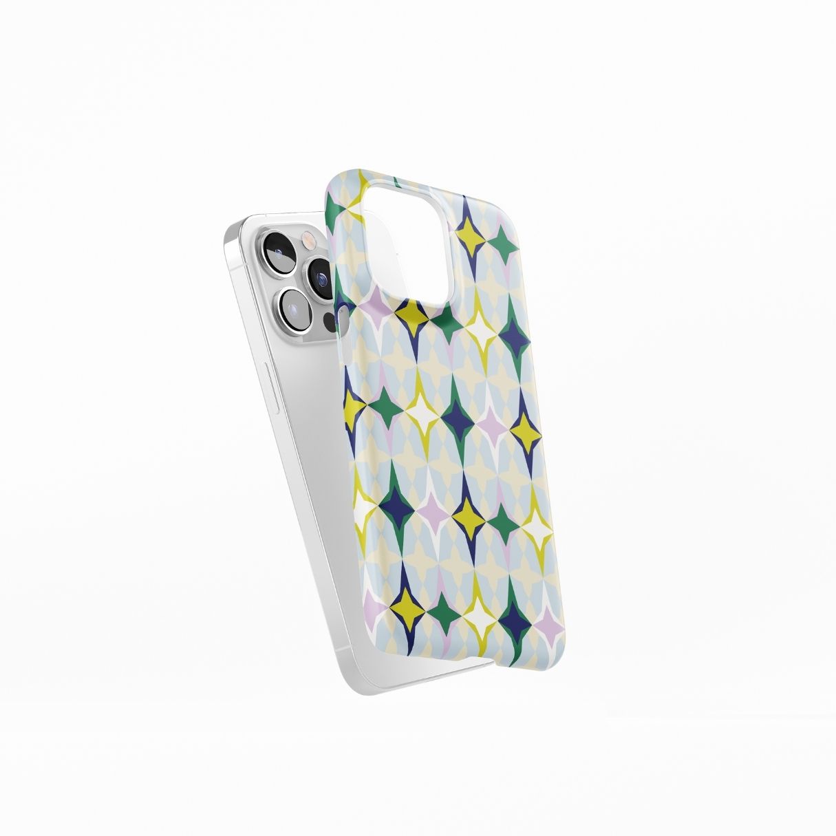 Snap phone case Magic Winter pattern design with a dynamic geometric symmetry in geometric style, featuring an elegant and expressive aesthetic design. Main colors are divine blue, yellow, green and deep blue. Side view.