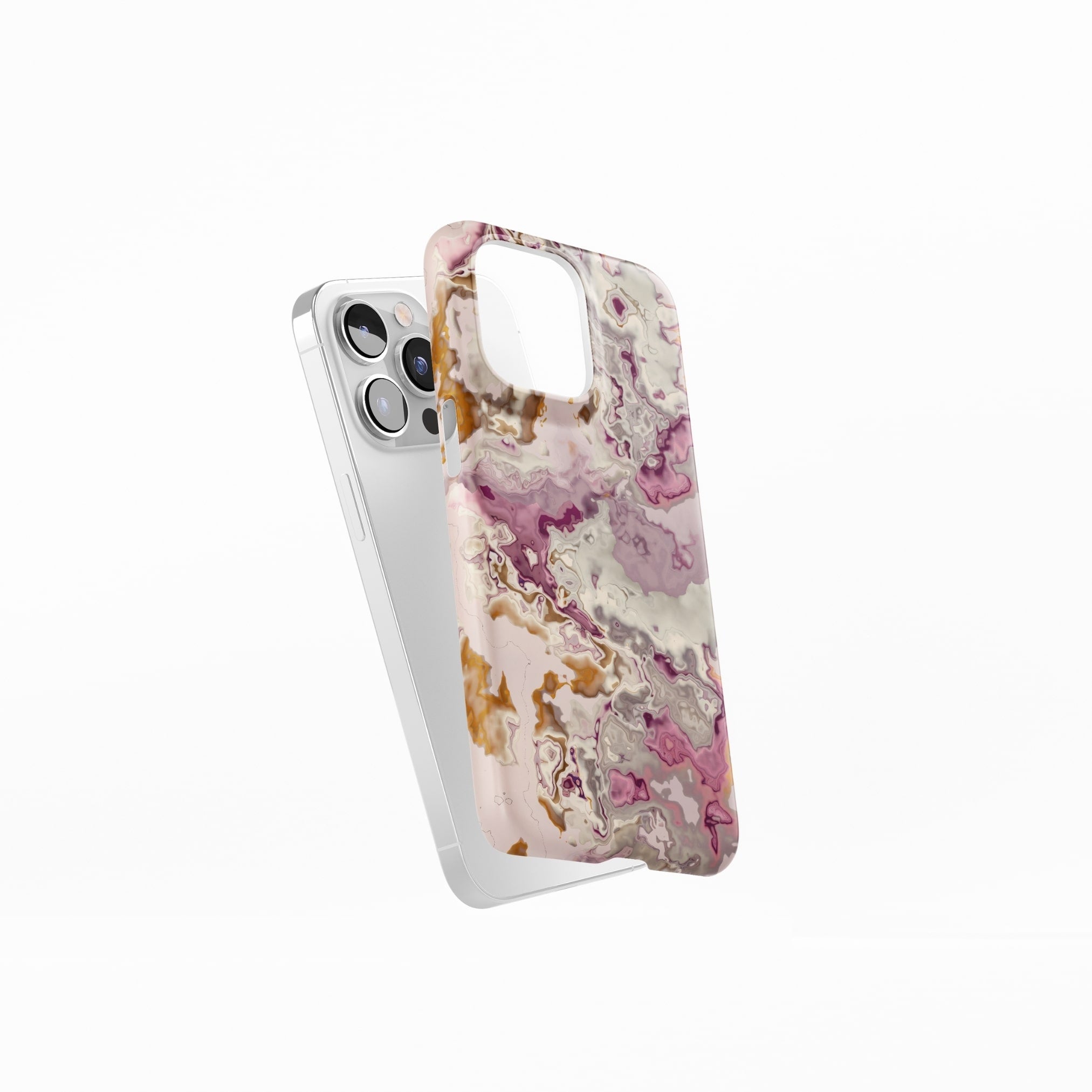 Ultra thin snap phone case side view; Marshmallow 1 pattern, artistic, abstract marble pattern. Pink and beige color combination.