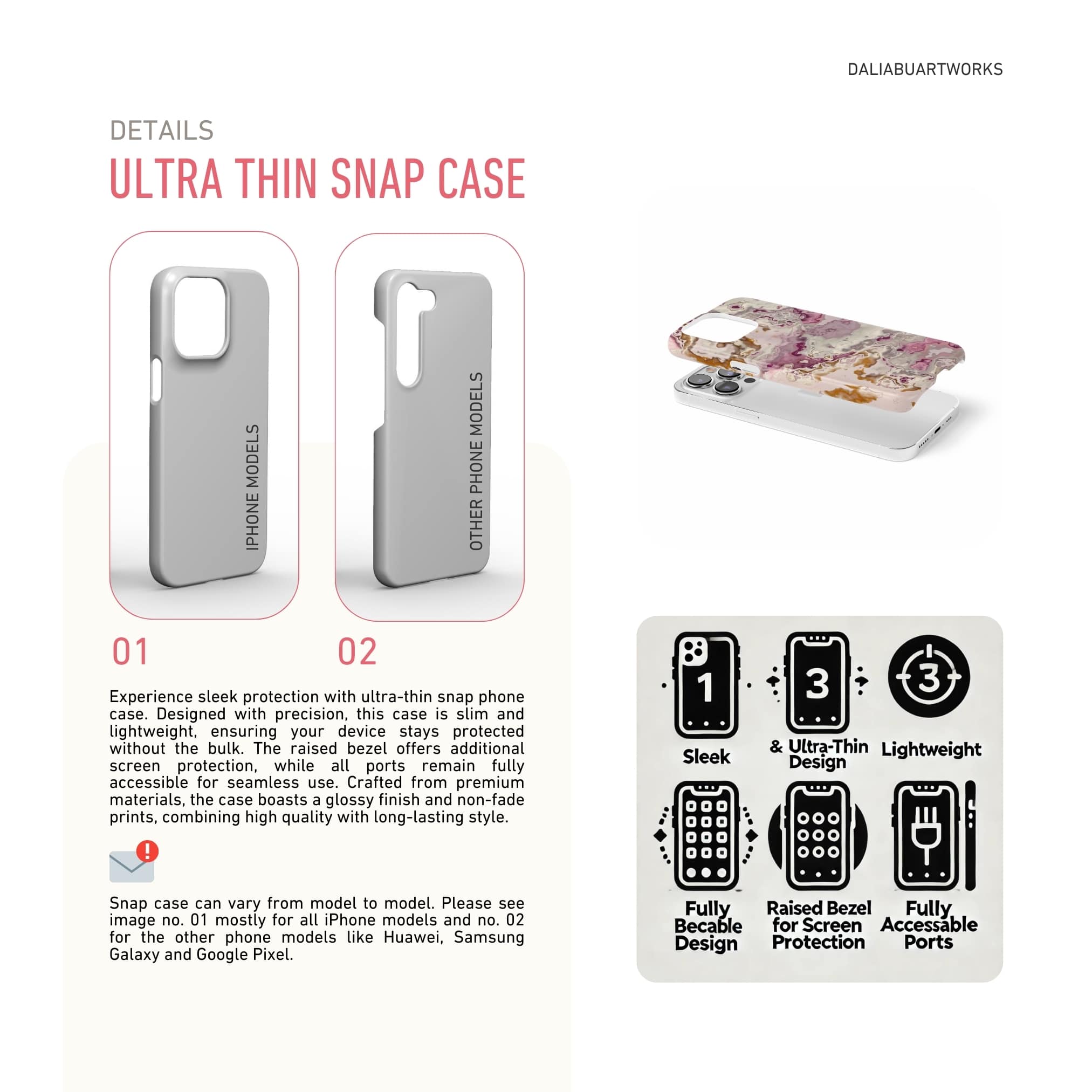 Ultra thin snap phone case front view; Marshmallow pattern, artistic, abstract marble pattern. Pink and beige color combination. Details how to select correct phone case as per your phone model and features about snap snug fit phone case.