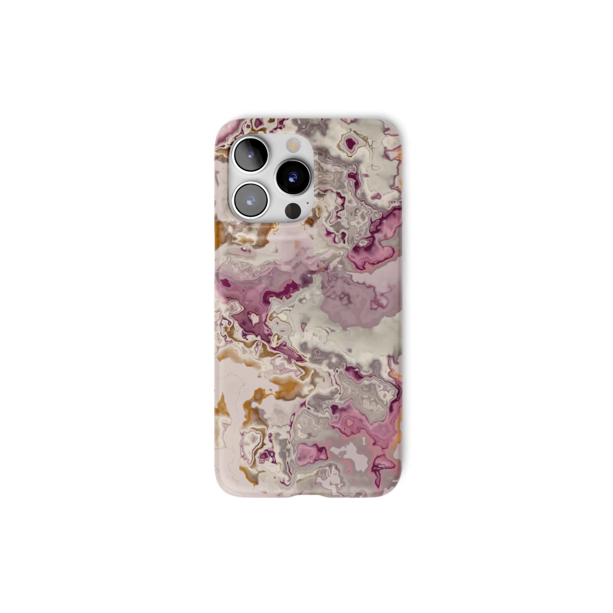 Ultra thin snap phone case front view; Marshmallow pattern, artistic, abstract marble pattern. Pink and beige color combination.