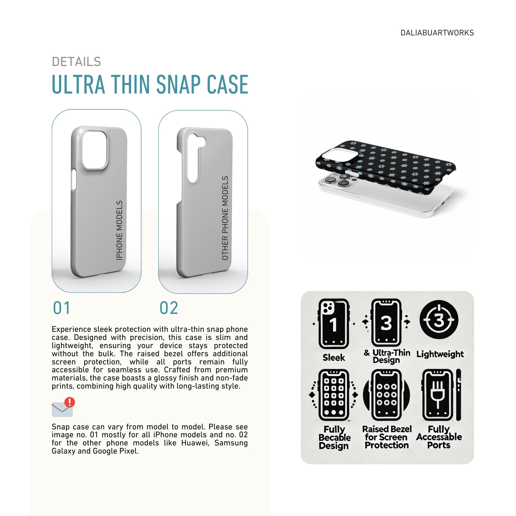 Snap phone case front view; Midnight Stars pattern, ornamental pattern; kaleidoscope pattern imagination. Details about snap phone case features.