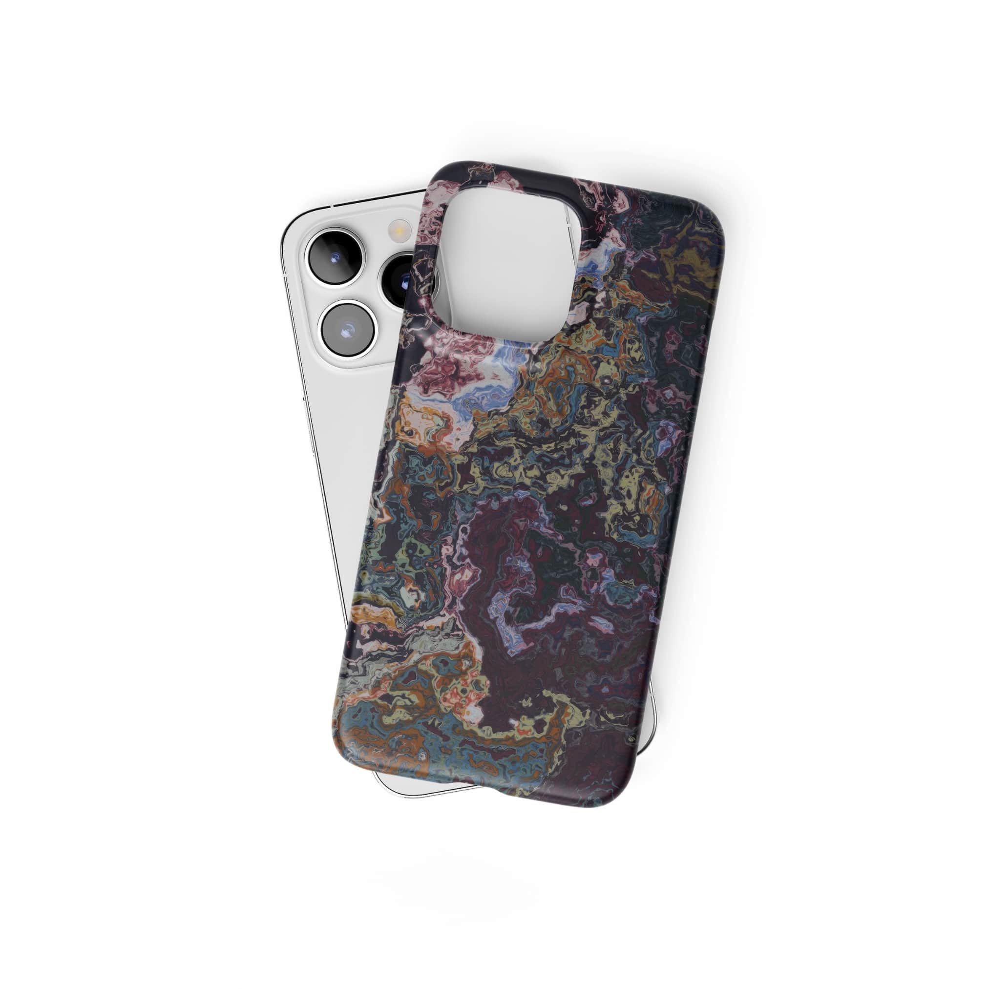 Ultra thin snap phone case front view; Molten Berries 2 pattern, artistic, abstract marble pattern. Deep. purple color. Bold expressive aesthetic design. Colorful and interior fit. Elegant.