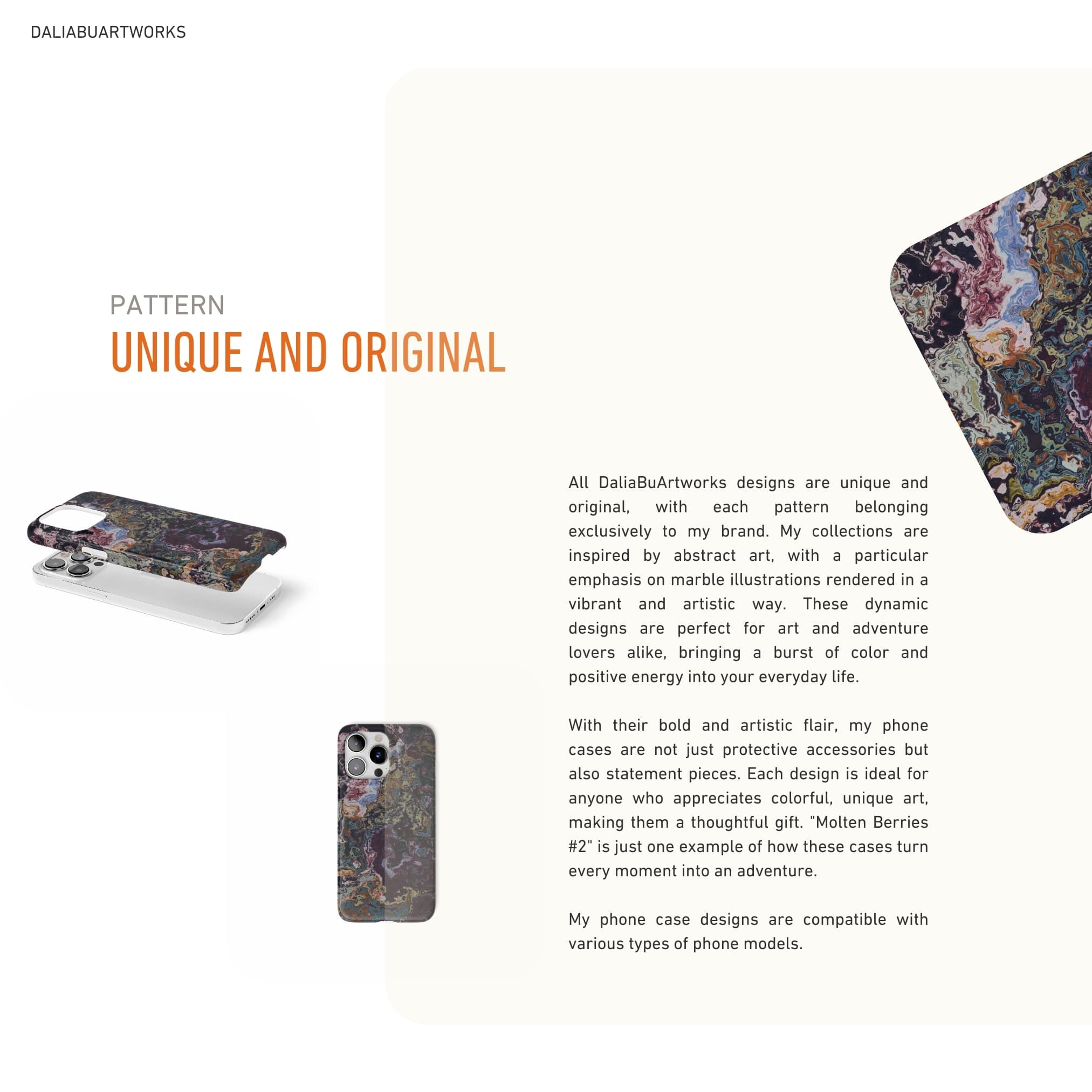 Phone case with abstract pattern and text about DaliauArtworks designs on a white background