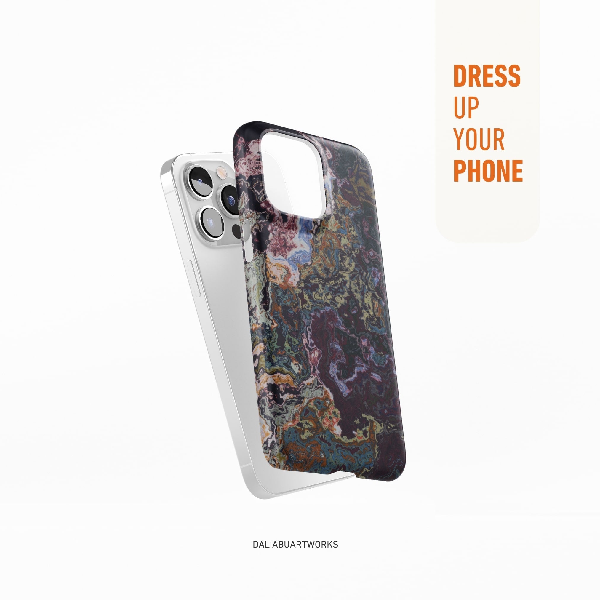 Phone case with marble pattern on a white background, featuring text 'Dress Up Your Phone' and brand name.
