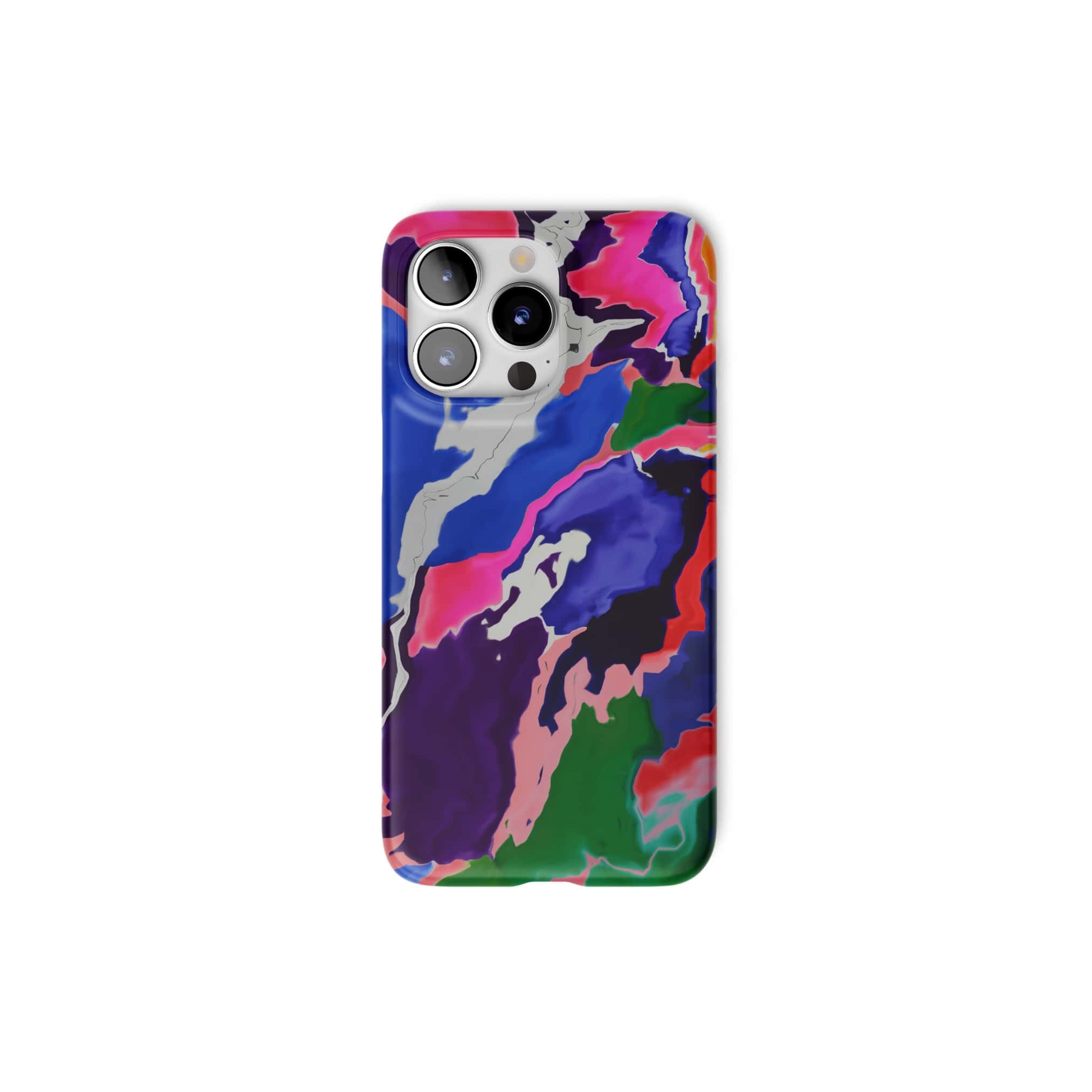 Snap phone case front view; Nebula Drift pattern, artistic, abstract marble pattern. Blue and purple color combination. Bold expressive aesthetic design. Colorful and interior fit. Elegant.
