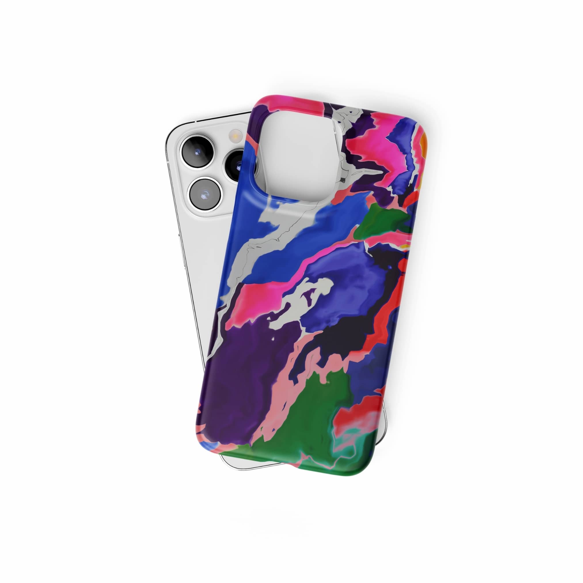 Snap phone case front view; Nebula Drift pattern, artistic, abstract marble pattern. Blue and purple color combination. Bold expressive aesthetic design. Colorful and interior fit. Elegant.