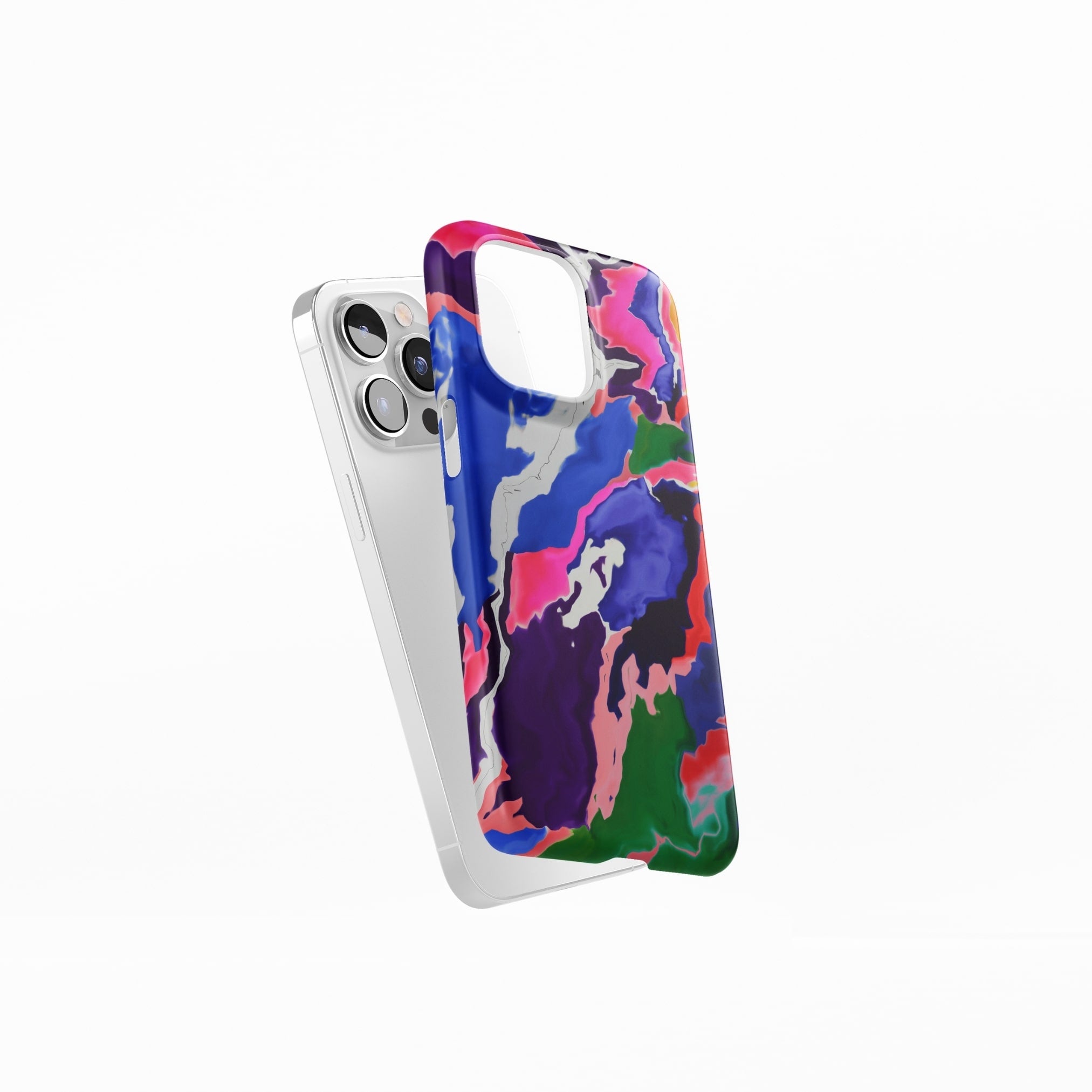 Snap phone case side view; Nebula Drift pattern, artistic, abstract marble pattern. Blue and purple color combination. Bold expressive aesthetic design. Colorful and interior fit. Elegant.