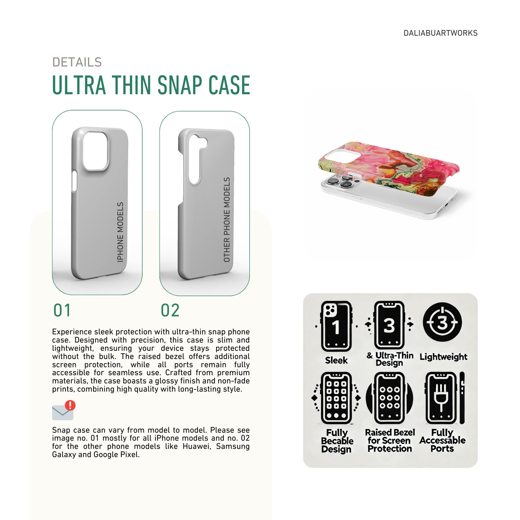 Ultra thin snap phone case front view; Neon Pink pattern, artistic, abstract marble pattern. Pink and green color combination. Description about ultra thin snug fit phone case features.