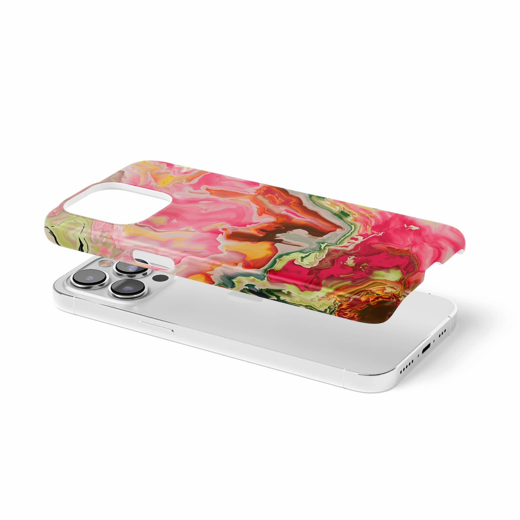Ultra thin snap phone case extend view; Neon Pink pattern, artistic, abstract marble pattern. Pink and green color combination.