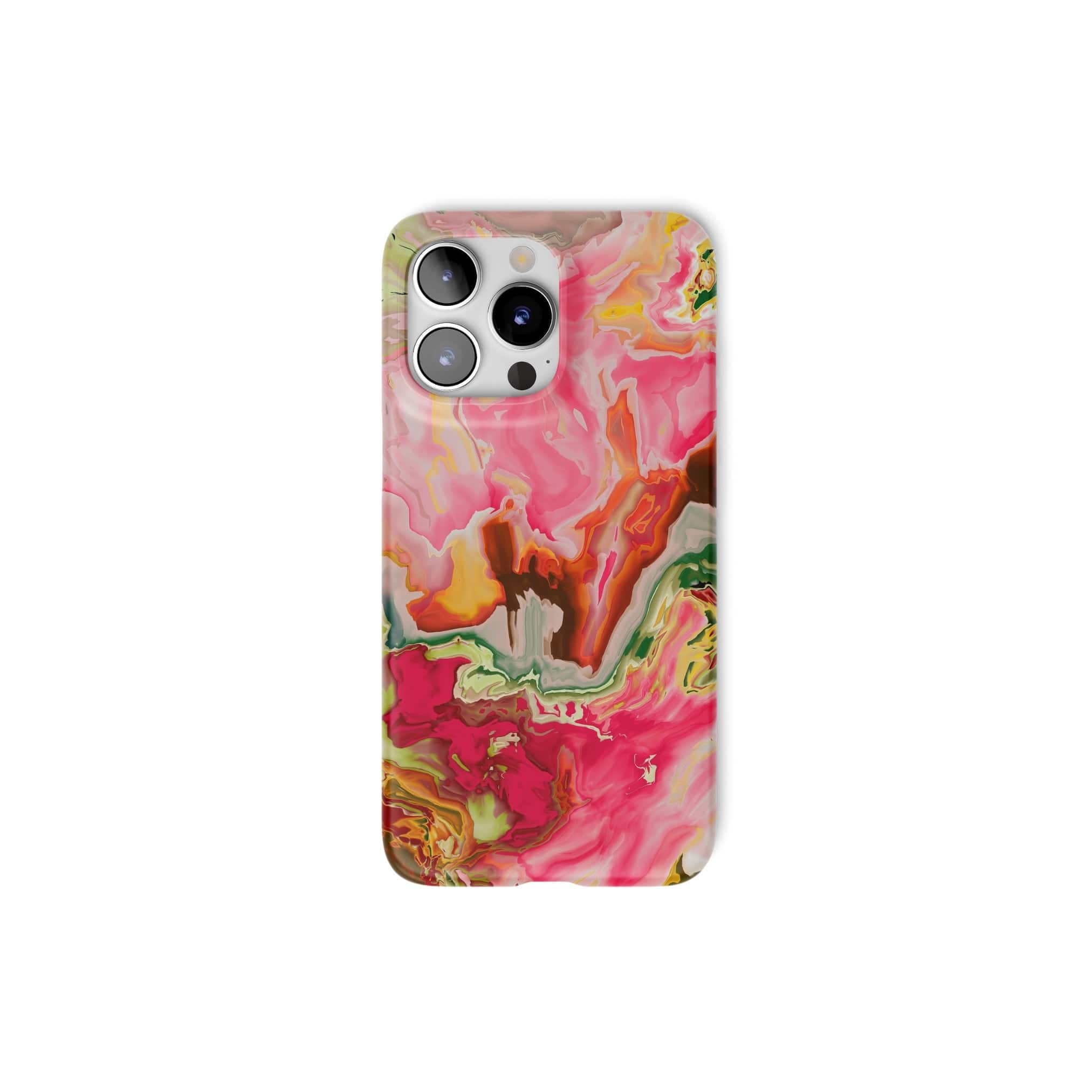 Ultra thin snap phone case front view; Neon Pink pattern, artistic, abstract marble pattern. Pink and green color combination.