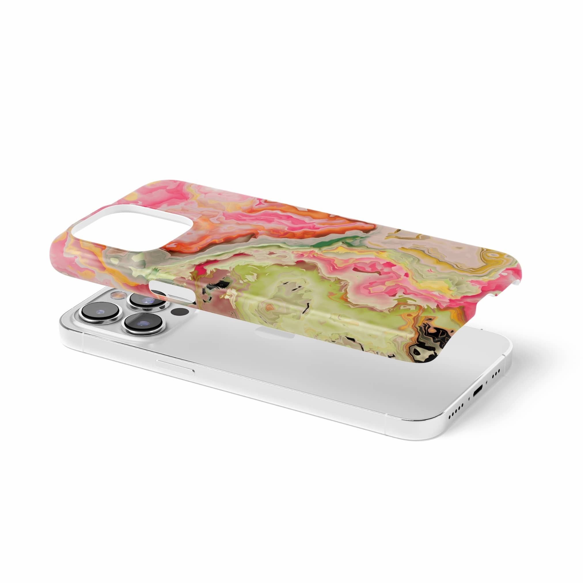Ultra thin snap phone case extend view; Neon Pink Light pattern, artistic, abstract marble pattern. Light pink and green color combination. 