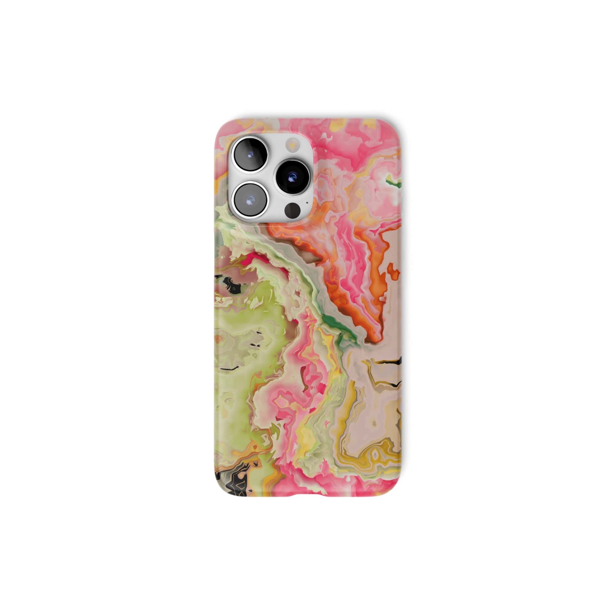 Ultra thin snap phone case front view; Neon Pink Light pattern, artistic, abstract marble pattern. Light pink and green color combination. 