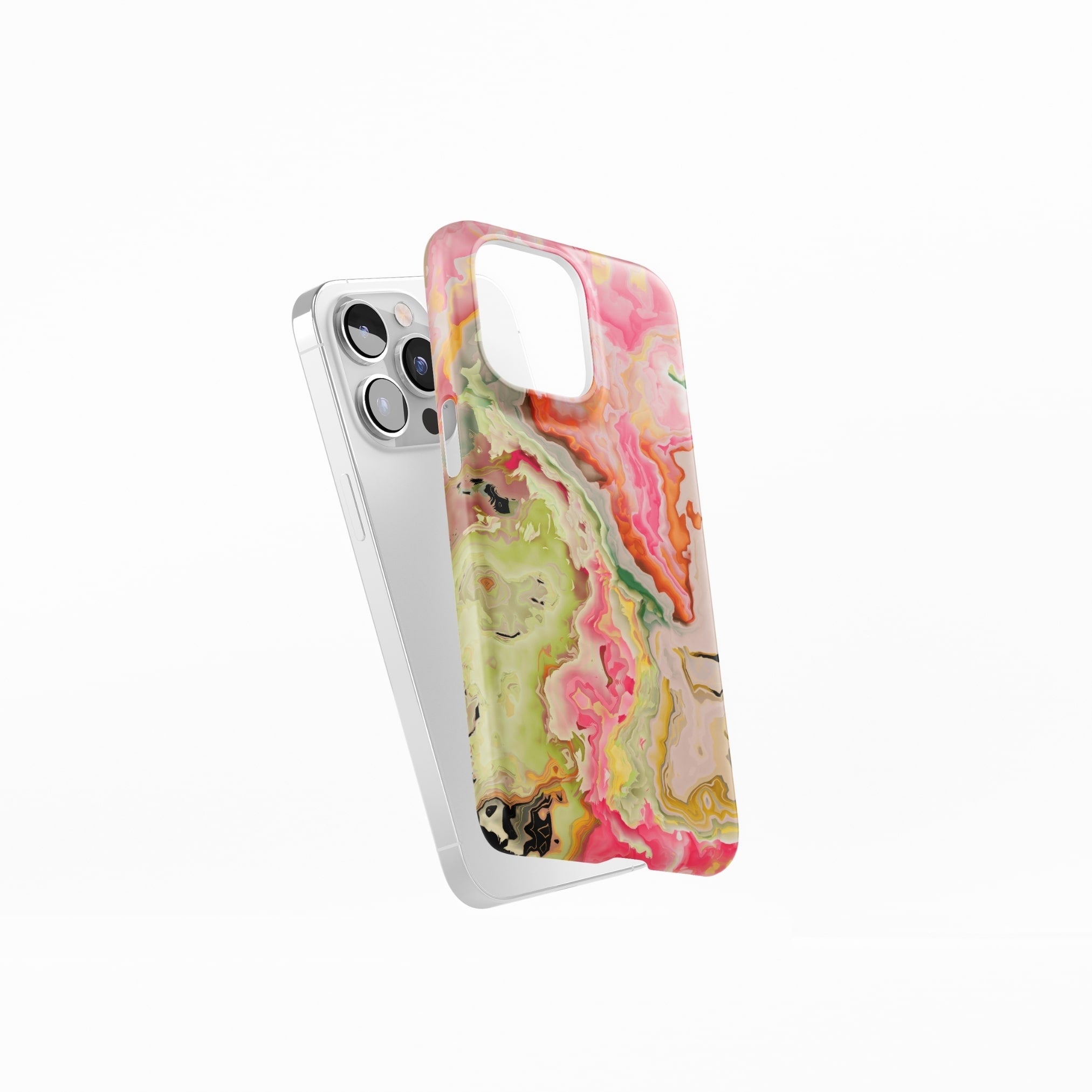 Ultra thin snap phone case side view; Neon Pink Light pattern, artistic, abstract marble pattern. Light pink and green color combination. 