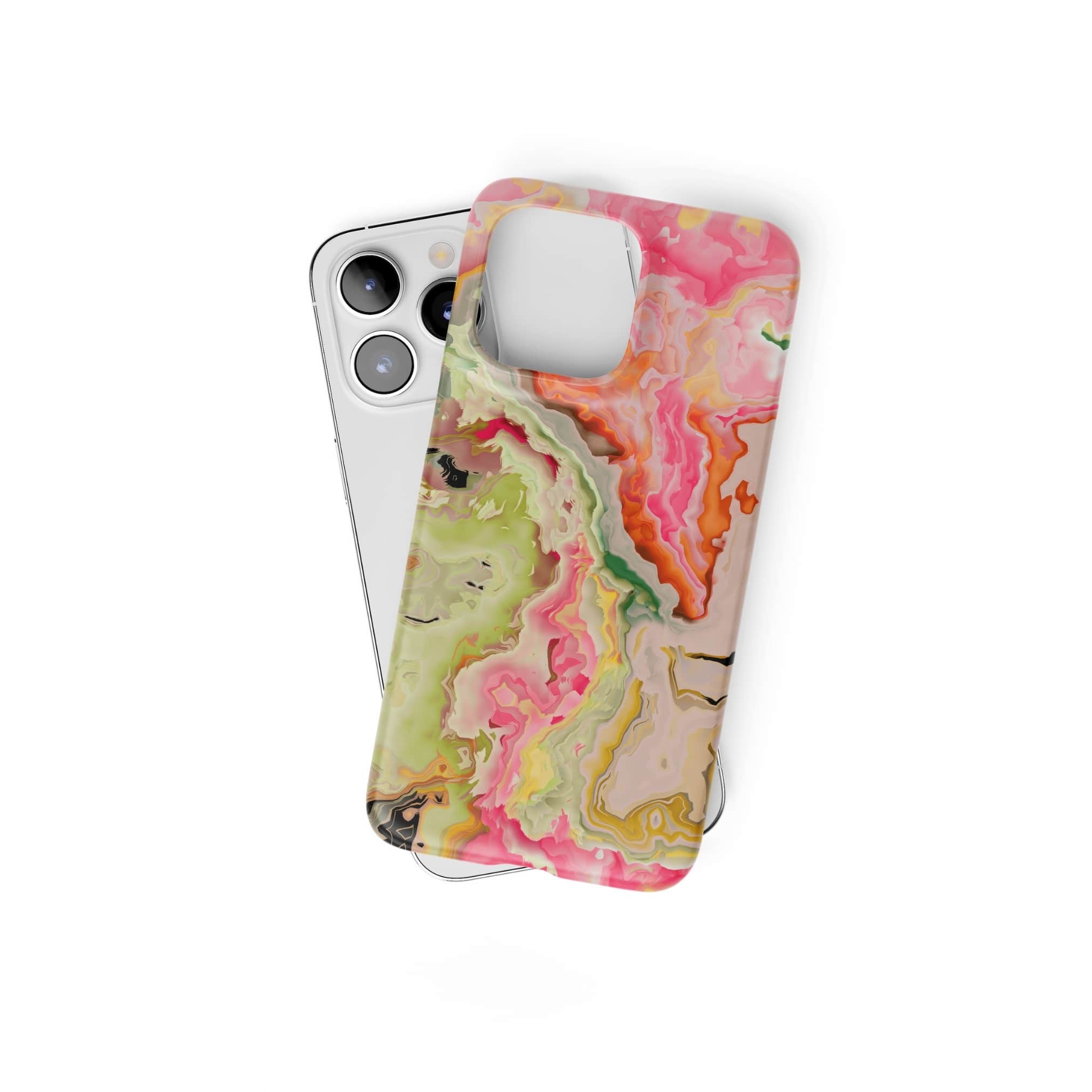 Ultra thin snap phone case front view; Neon Pink Light pattern, artistic, abstract marble pattern. Light pink and green color combination. Bold expressive aesthetic design. Colorful and interior fit. Elegant.
