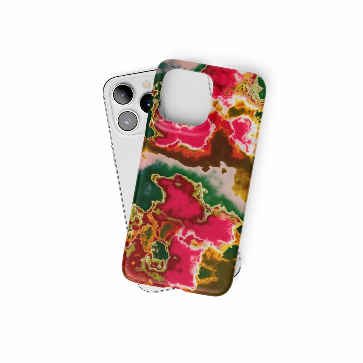 Ultra thin snap phone case front view; Neon Pink Rich pattern, artistic, abstract marble pattern. Pink and green color combination. Bold expressive aesthetic design. Colorful and interior fit. Elegant.