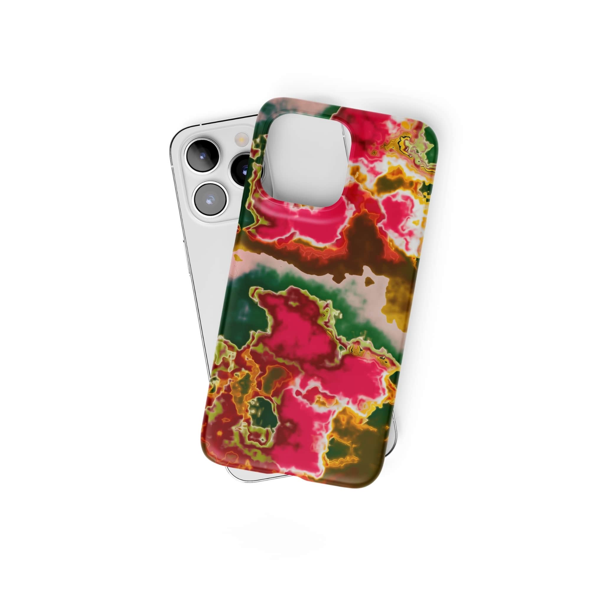 Ultra thin snap phone case front view; Neon Pink Rich pattern, artistic, abstract marble pattern. Pink and green color combination. Bold expressive aesthetic design. Colorful and interior fit. Elegant.