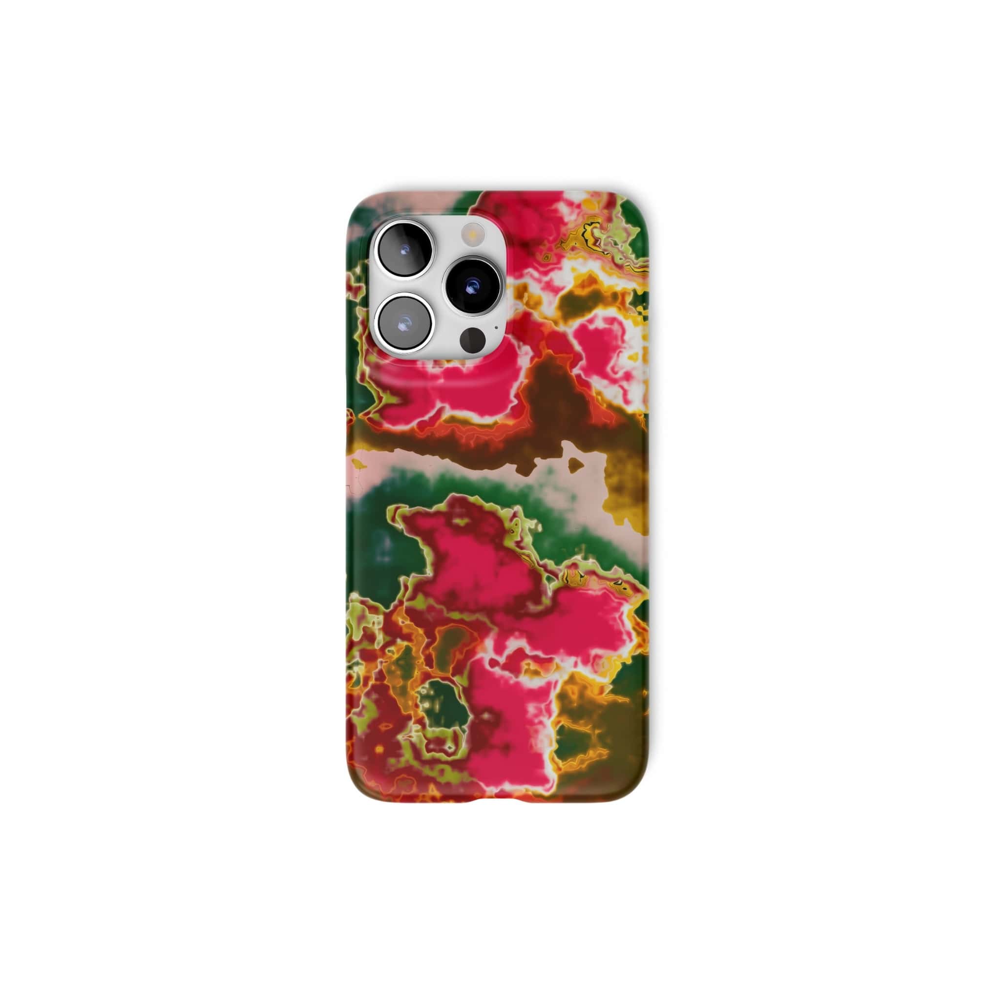 Ultra thin snap phone case front view; Neon Pink Rich pattern, artistic, abstract marble pattern. Pink and green color combination.