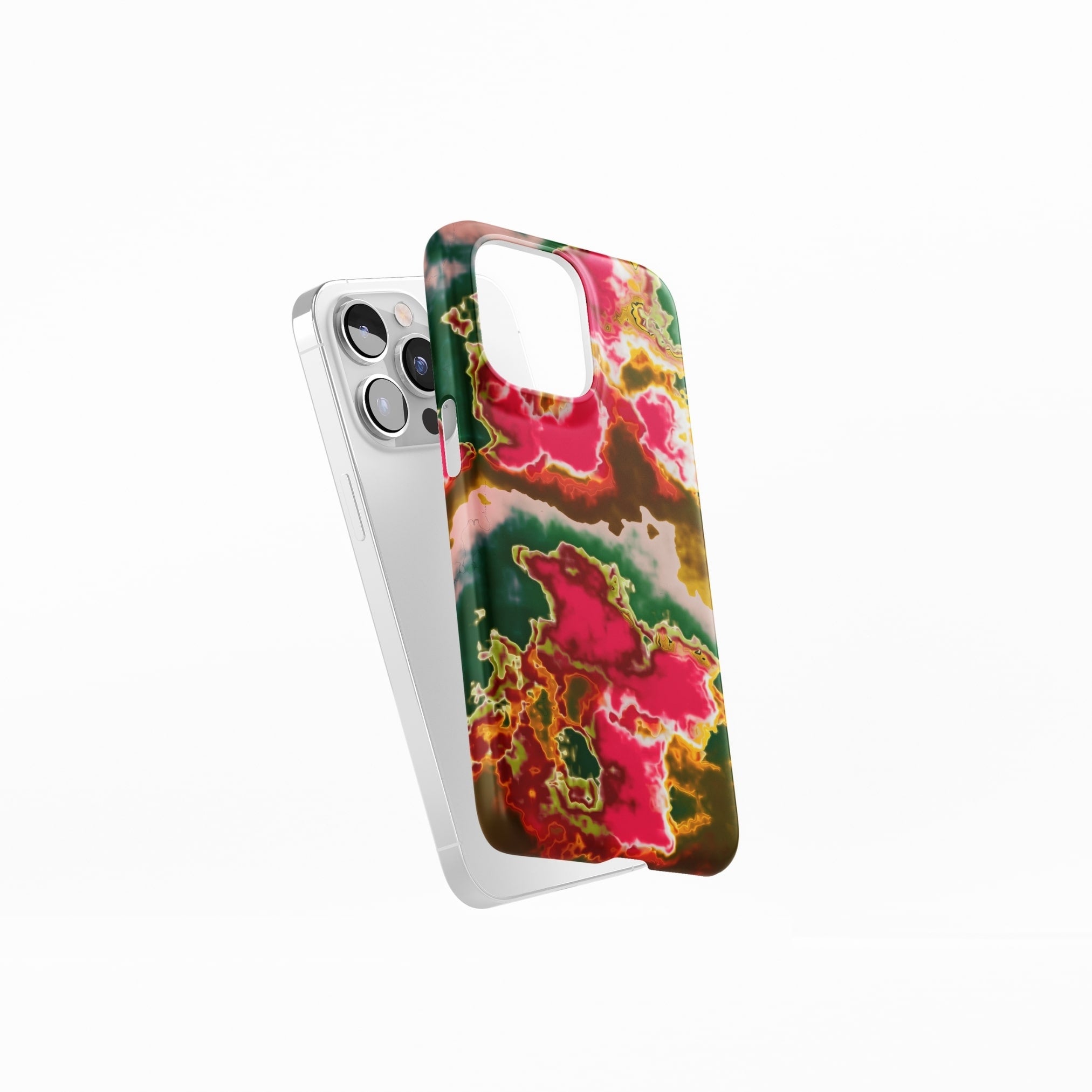 Ultra thin snap phone case side view; Neon Pink Rich pattern, artistic, abstract marble pattern. Pink and green color combination.