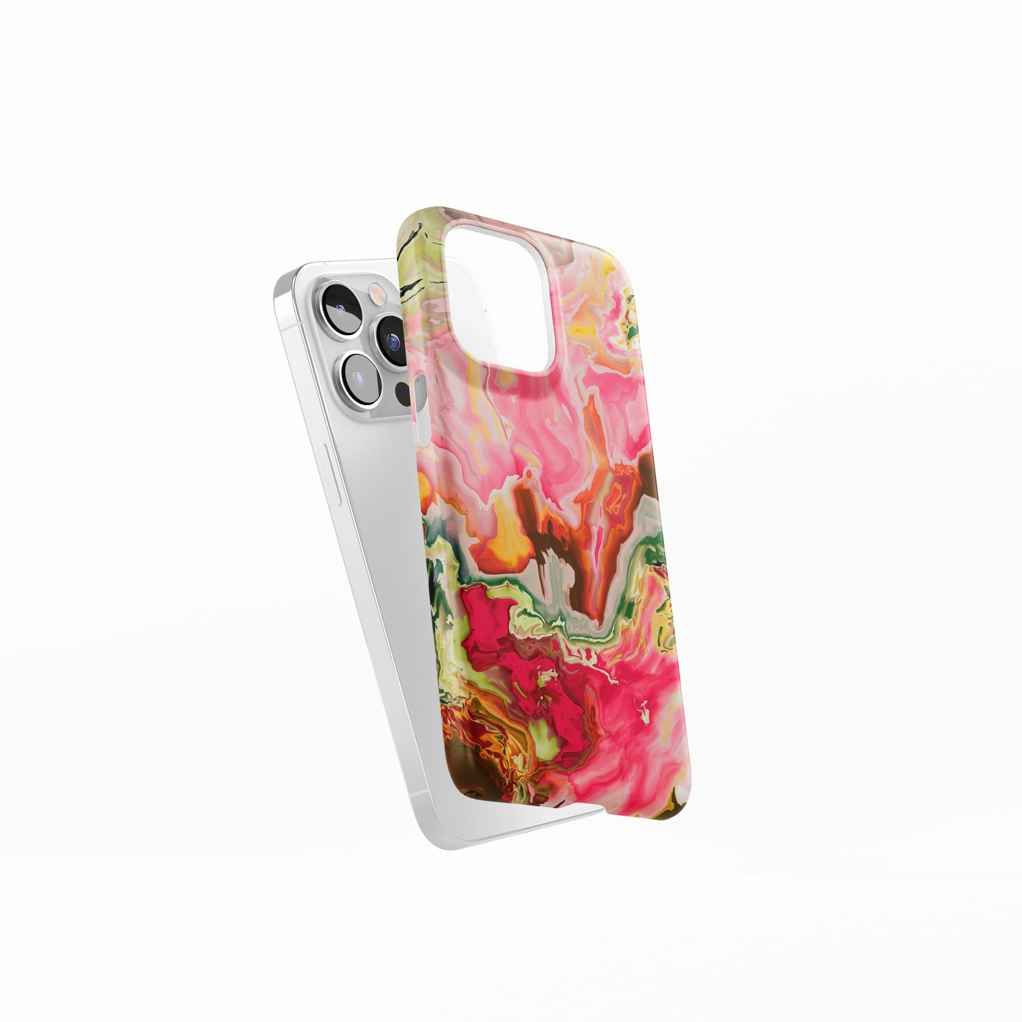 Ultra thin snap phone case side view; Neon Pink pattern, artistic, abstract marble pattern. Pink and green color combination.