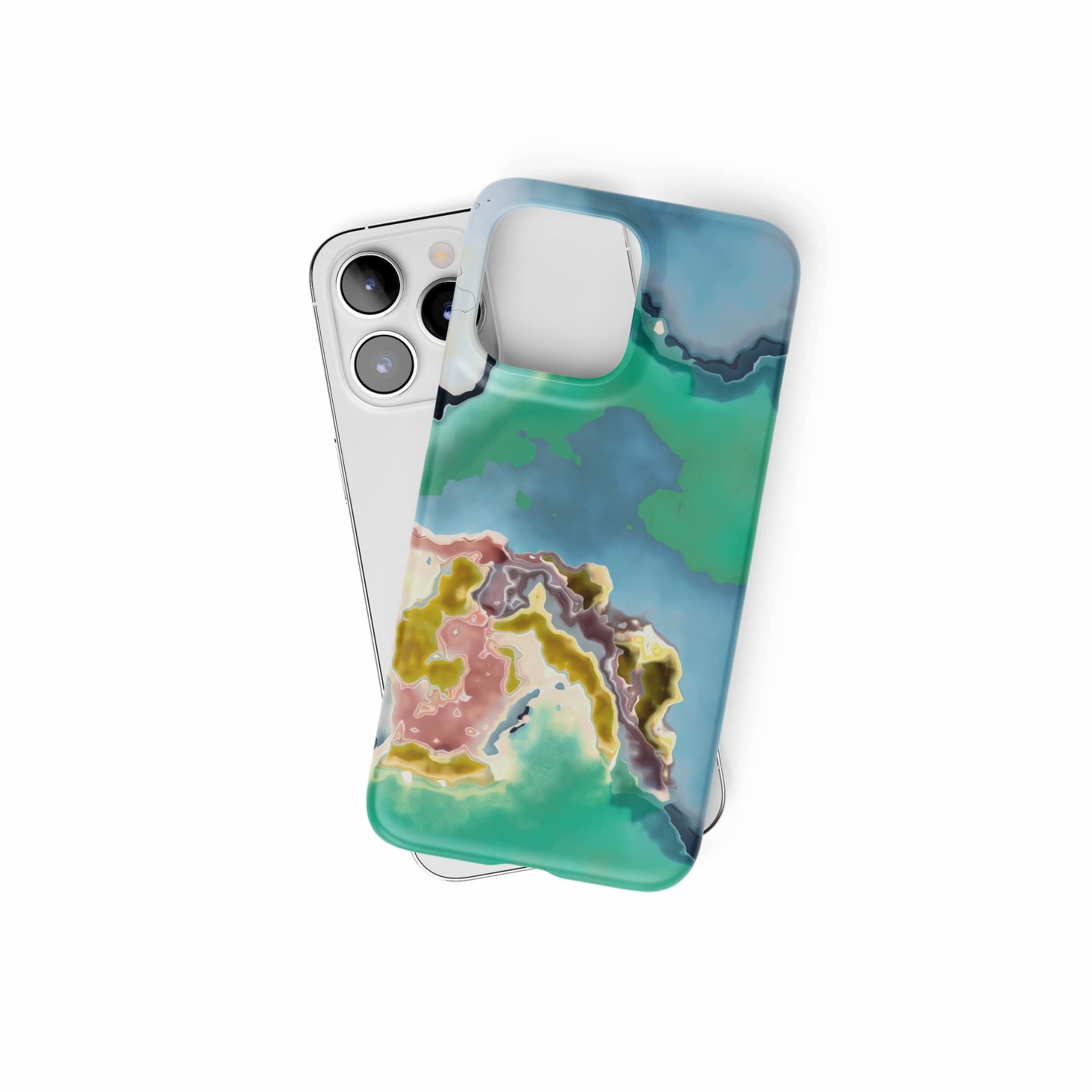 Snap ultra thin phone case with a bold vivid pattern Oceans Breath 1 in marble abstract and artistic style, featuring an elegant and expressive aesthetic design. Main colors are blue and green. Front view.