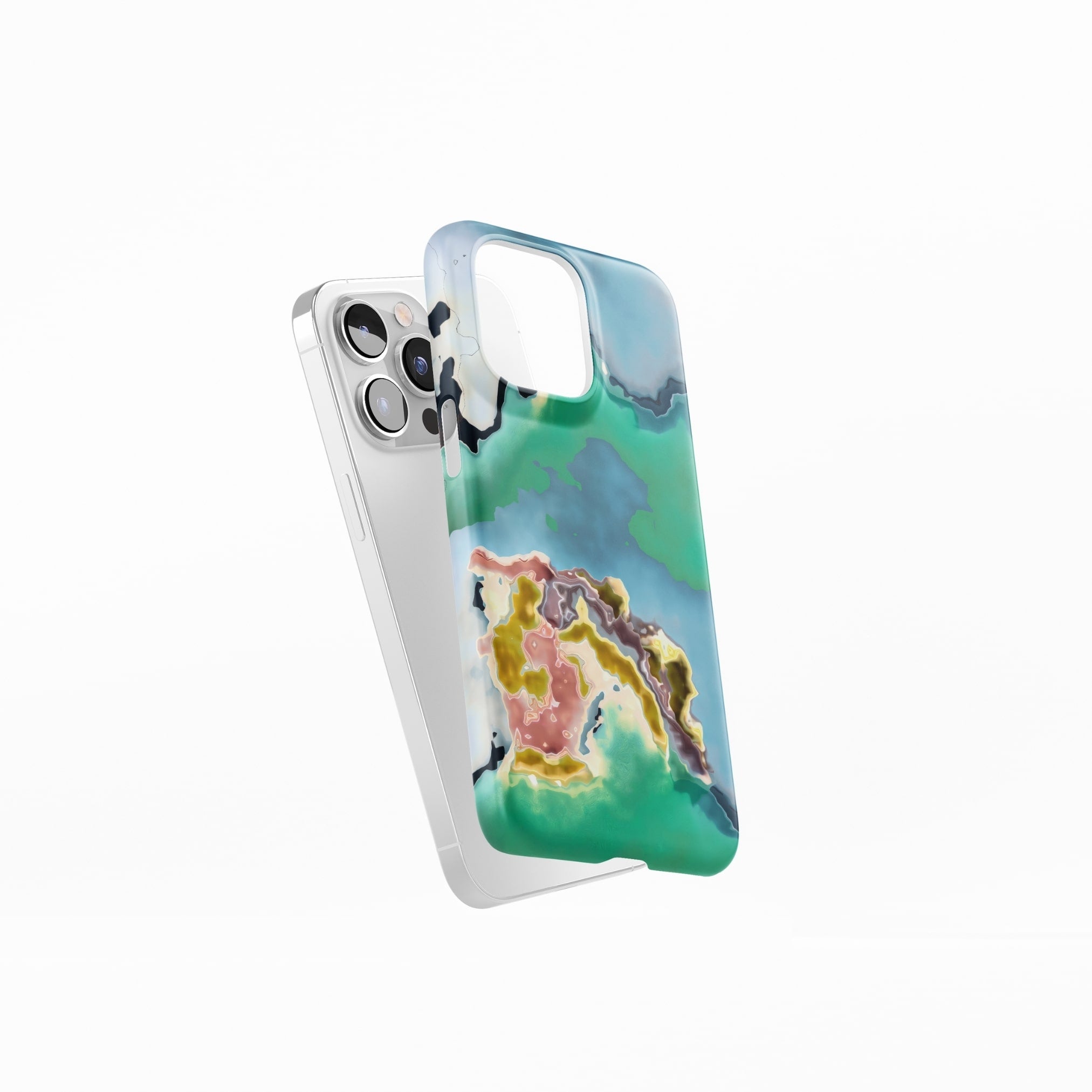 Snap ultra thin phone case with a bold vivid pattern Oceans Breath 1 in marble abstract and artistic style, featuring an elegant and expressive aesthetic design. Main colors are blue and green. Side view.