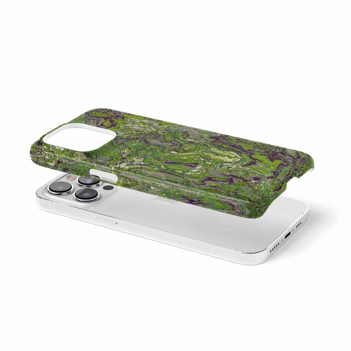 Ultra thin snap phone case with a bold vivid pattern Olive Smash abstract and artistic style, featuring an elegant and expressive aesthetic design. Main colors are olive green and purple hues. Extend view.