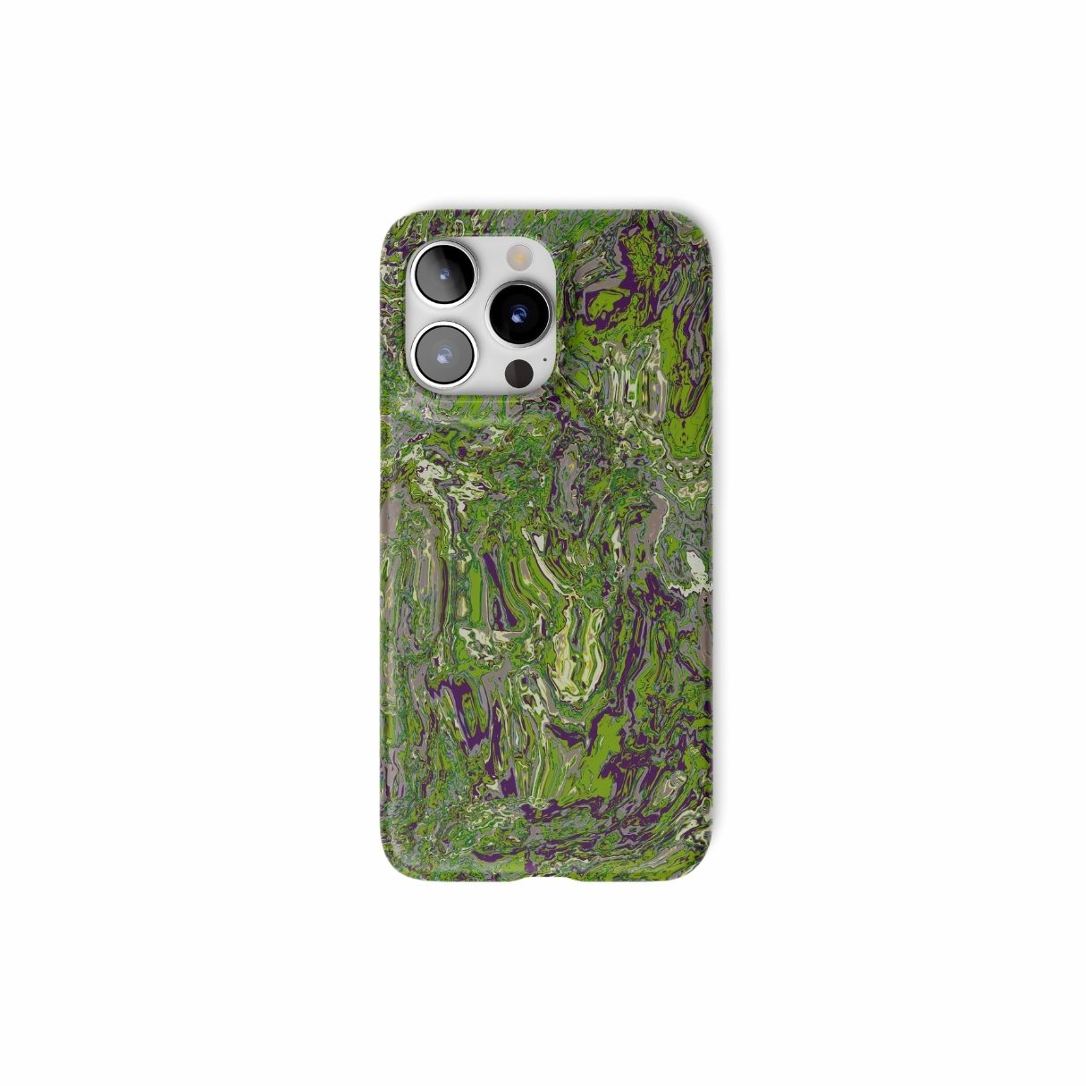 Ultra thin snap phone case with a bold vivid pattern Olive Smash abstract and artistic style, featuring an elegant and expressive aesthetic design. Main colors are olive green and purple hues. Front view.