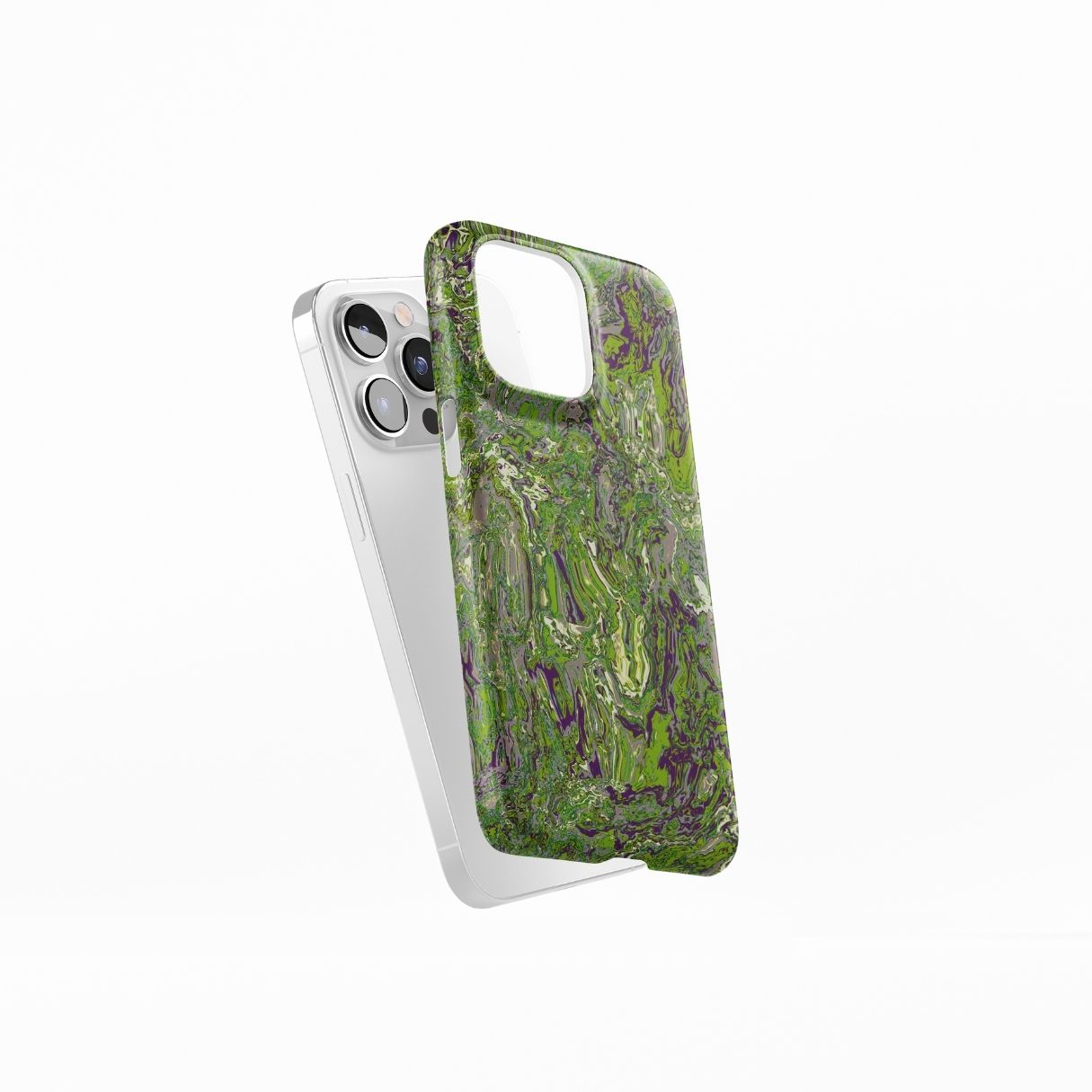 Ultra thin snap phone case with a bold vivid pattern Olive Smash abstract and artistic style, featuring an elegant and expressive aesthetic design. Main colors are olive green and purple hues. Side view.