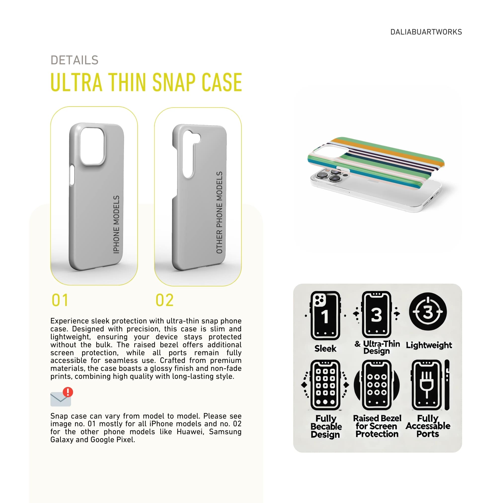 Ultra thin snap phone case Parallel Flow Mint pattern with tiny color stripes, featuring an elegant and expressive aesthetic design. Main colors are minty sage, powder pink, navy blue, orange. benefits about snug ft cover.