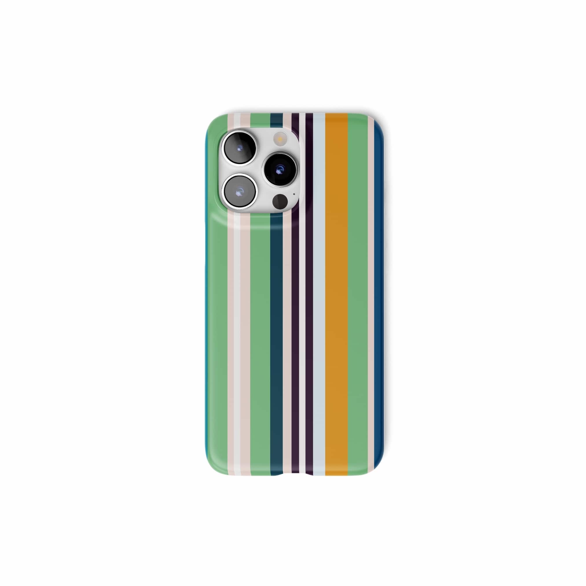 Ultra thin snap phone case Parallel Flow Mint pattern with tiny color stripes, featuring an elegant and expressive aesthetic design. Main colors are minty sage, powder pink, navy blue, orange. Front view.