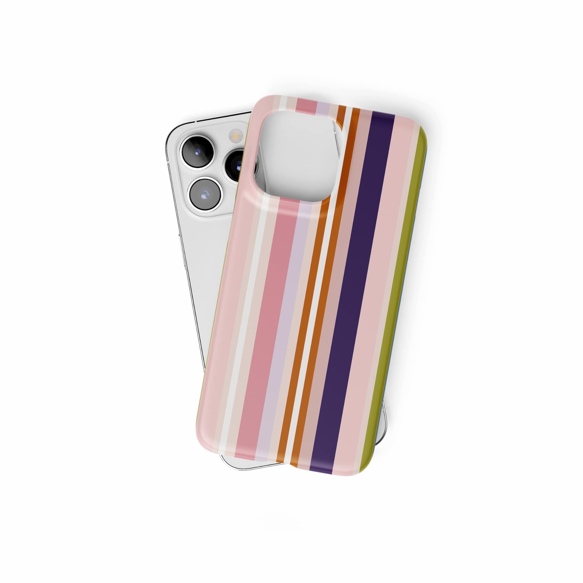 Ultra thin snap phone case Parallel Flow Pink pattern with tiny color stripes, featuring an elegant and expressive aesthetic design. Main colors are pink, lilac and purple. Front view.