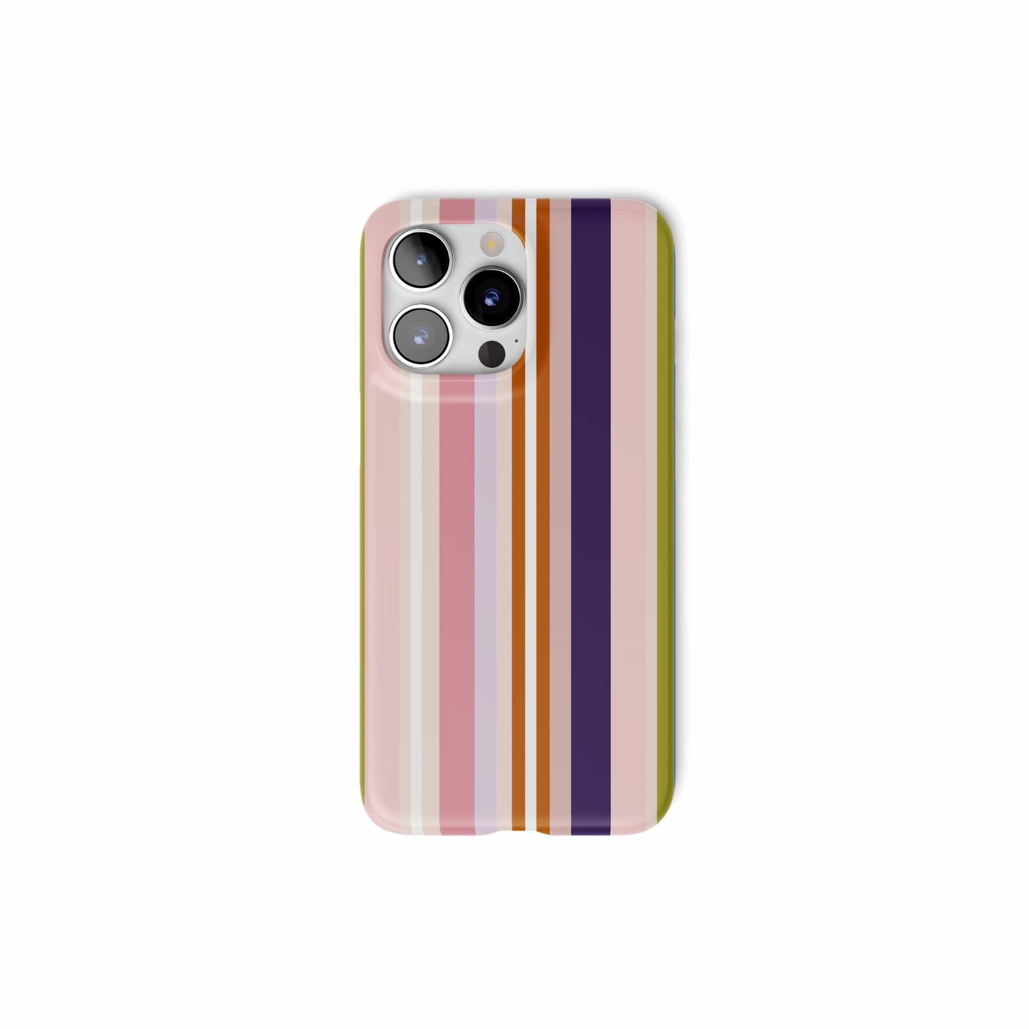 Ultra thin snap phone case Parallel Flow Pink pattern with tiny color stripes, featuring an elegant and expressive aesthetic design. Main colors are pink, lilac and purple. Front view.