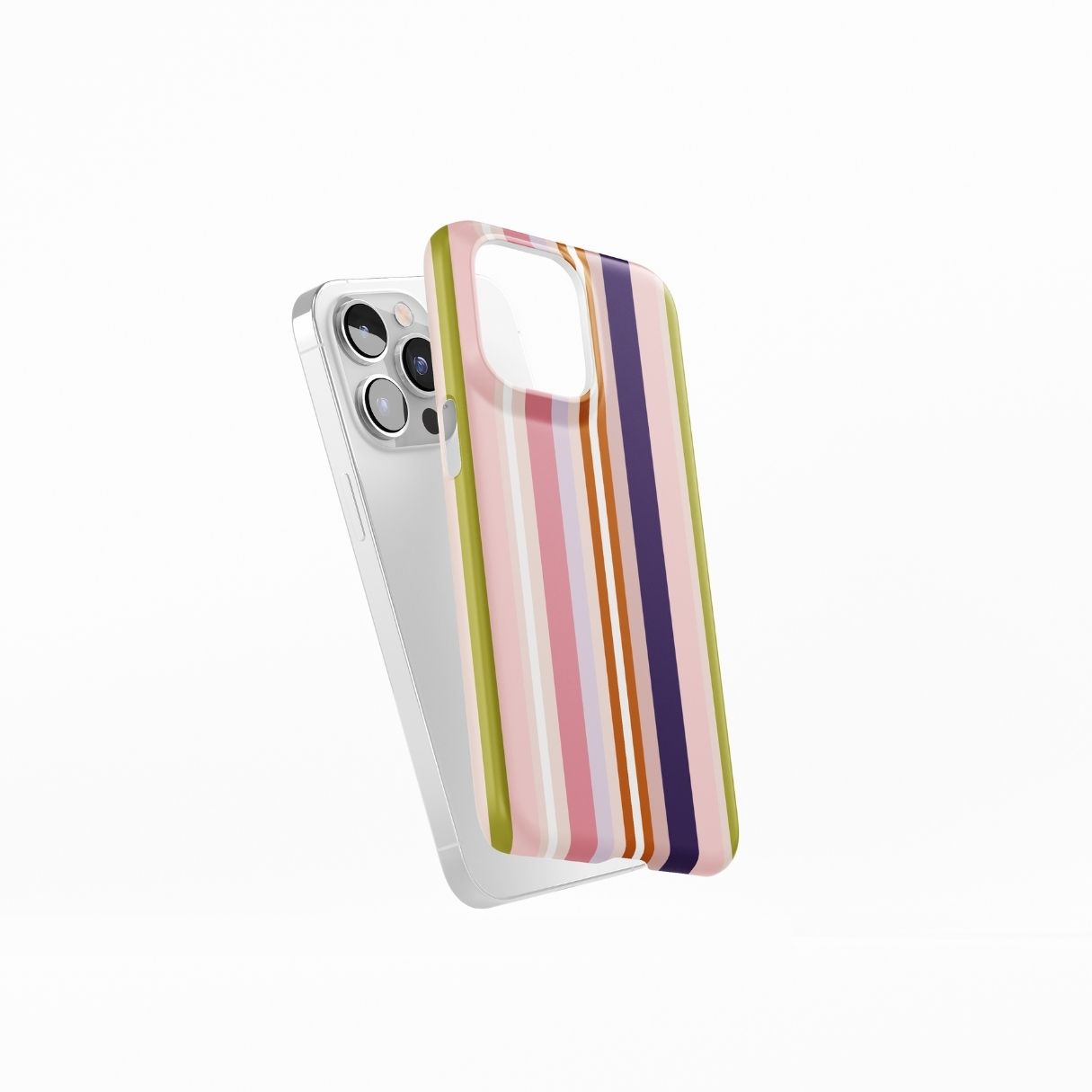 Ultra thin snap phone case Parallel Flow Pink pattern with tiny color stripes, featuring an elegant and expressive aesthetic design. Main colors are pink, lilac and purple. Side view.