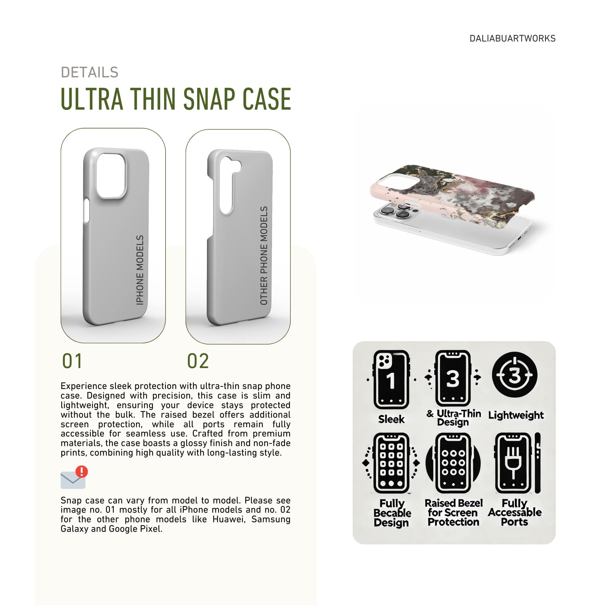 Ultra thin snap phone case front view; Pink Moss pattern, artistic, abstract marble pattern. Pink and grey color combination. Description about ultra thin snug fit phone cover features.