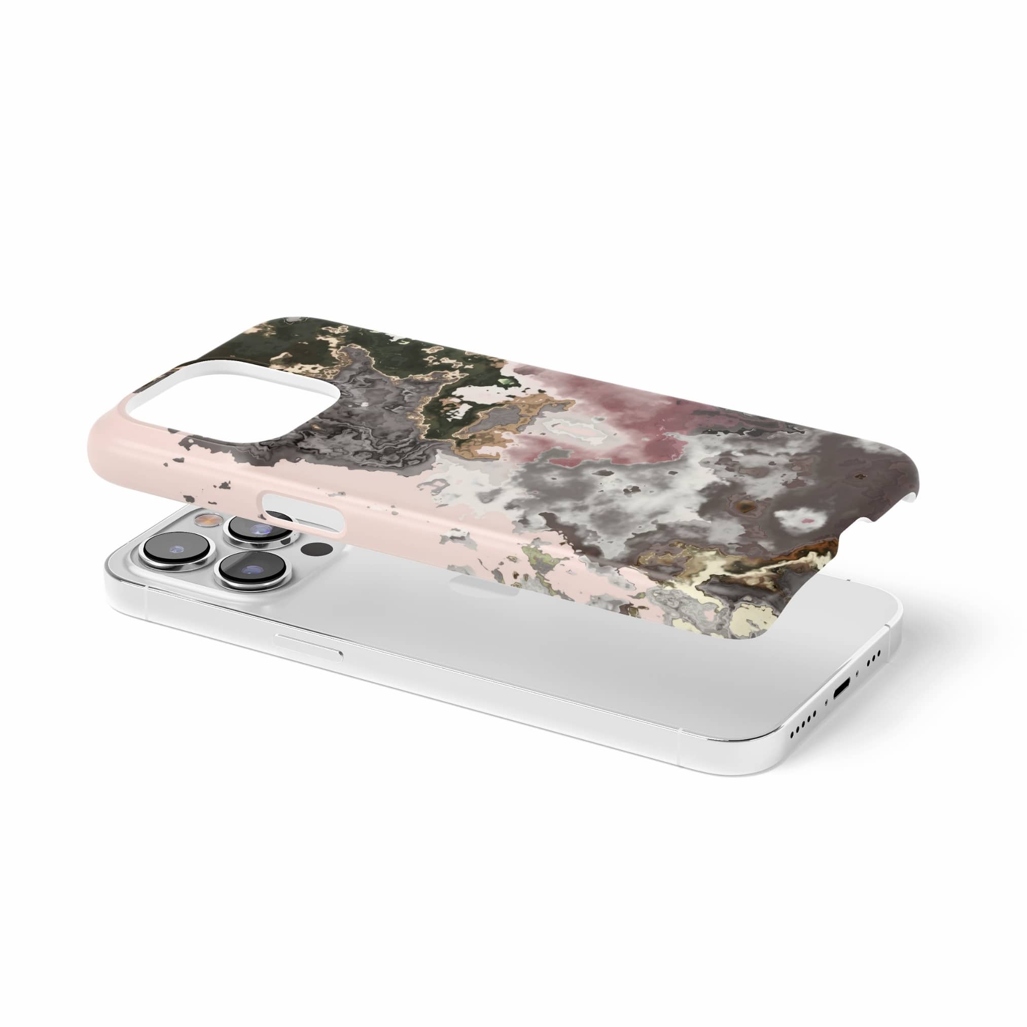 Ultra thin snap phone case extend view; Pink Moss pattern, artistic, abstract marble pattern. Pink and grey color combination.