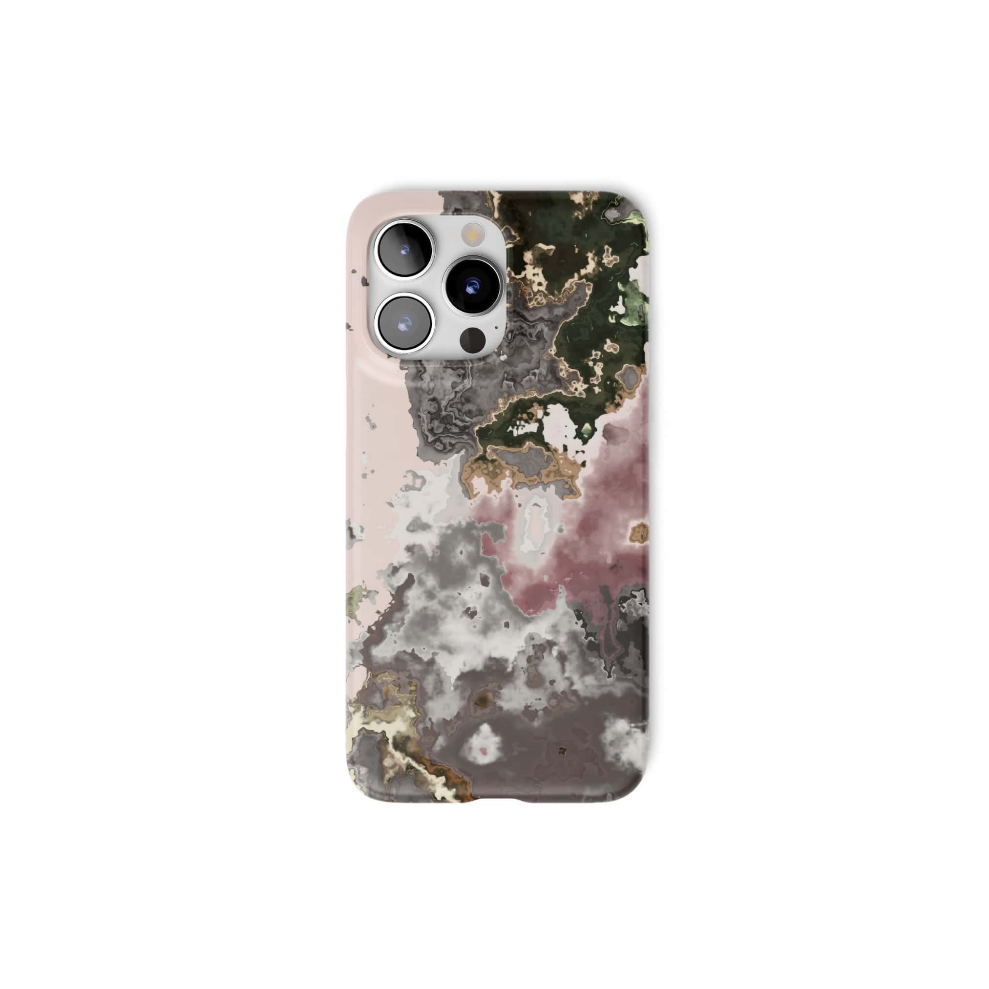 Ultra thin snap phone case front view; Pink Moss pattern, artistic, abstract marble pattern. Pink and grey color combination.
