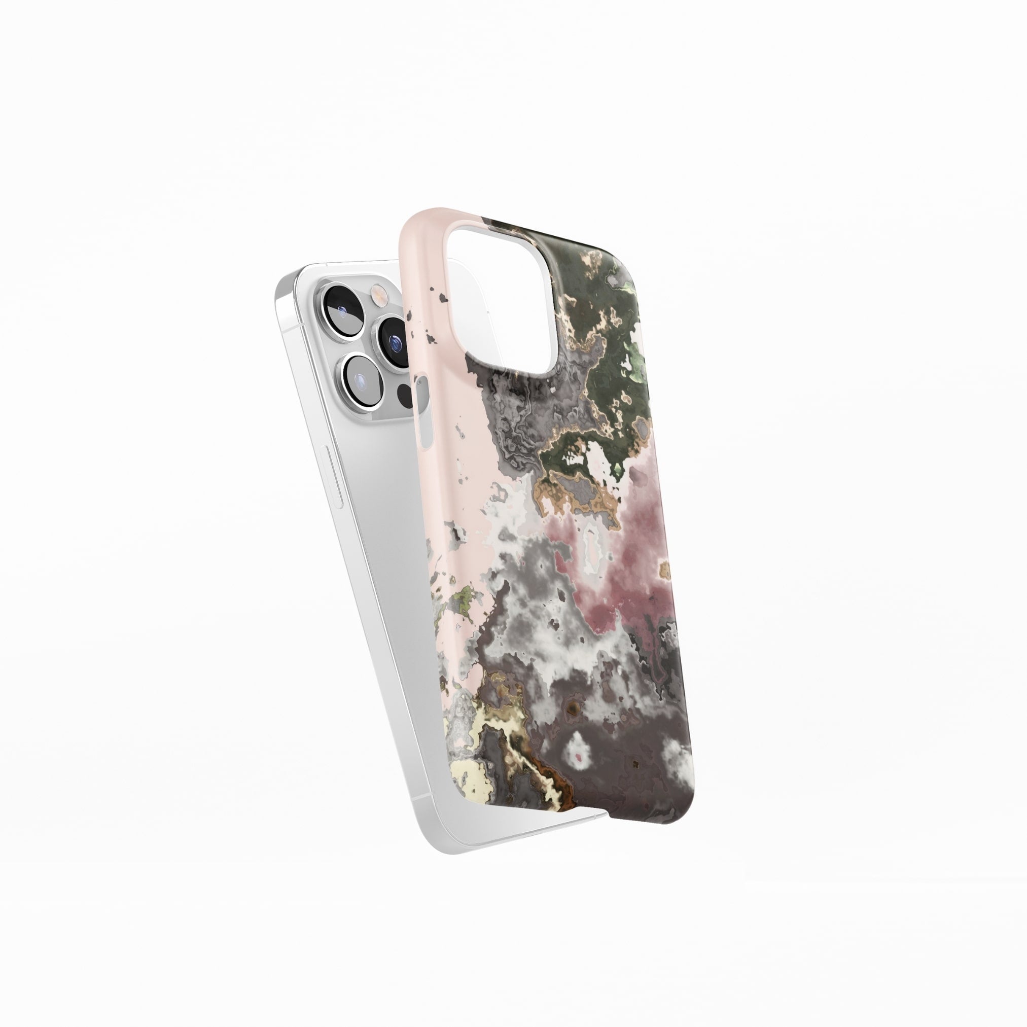 Ultra thin snap phone case side view; Pink Moss pattern, artistic, abstract marble pattern. Pink and grey color combination.