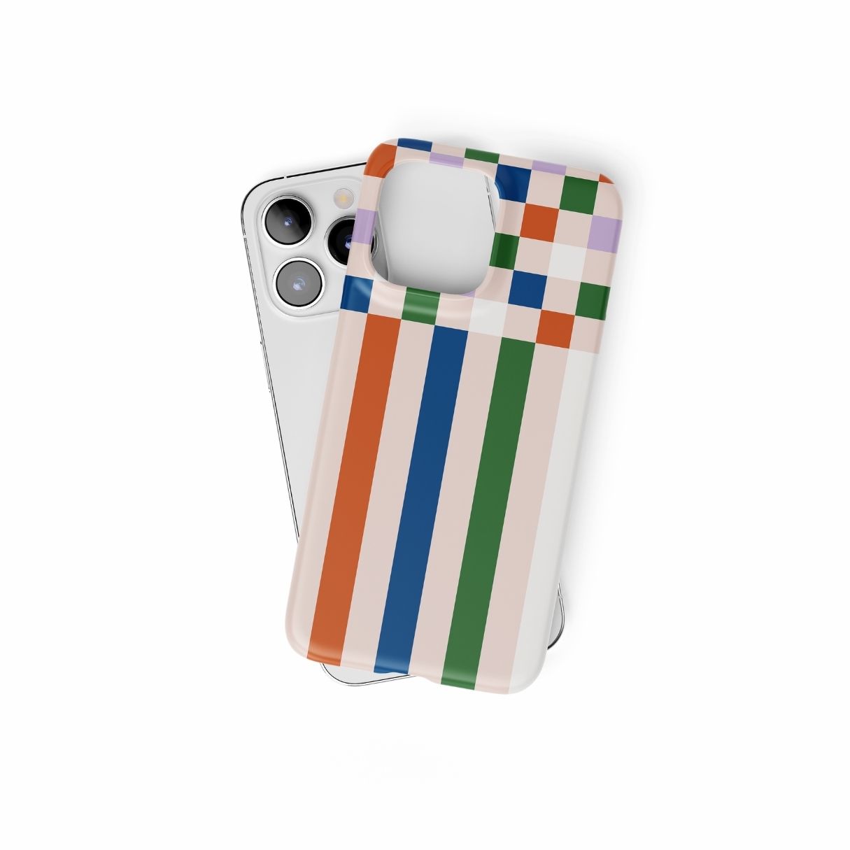 Ultra thin snap phone case Pixel Grid Multi pattern design with a bold color blocks in pixel and stripes modern style, featuring an elegant and expressive aesthetic design. Main colors are rich orange, blue, lilac and green. Front view.