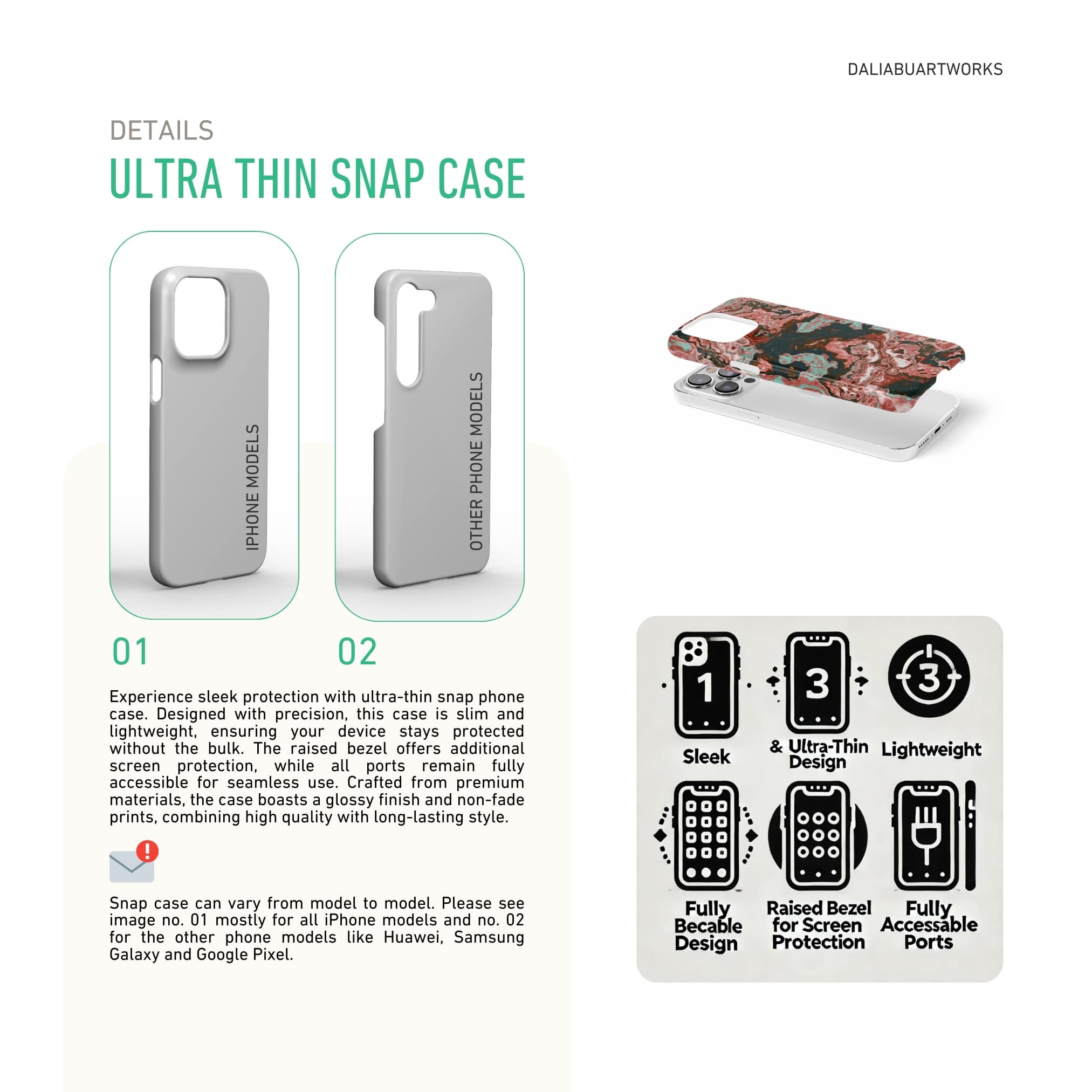 Ultra thin snap phone case front view; Red Coffee 1 pattern, artistic, abstract marble pattern. Red and light blue color combination. Description about ultra thin snug fit phone cover features.
