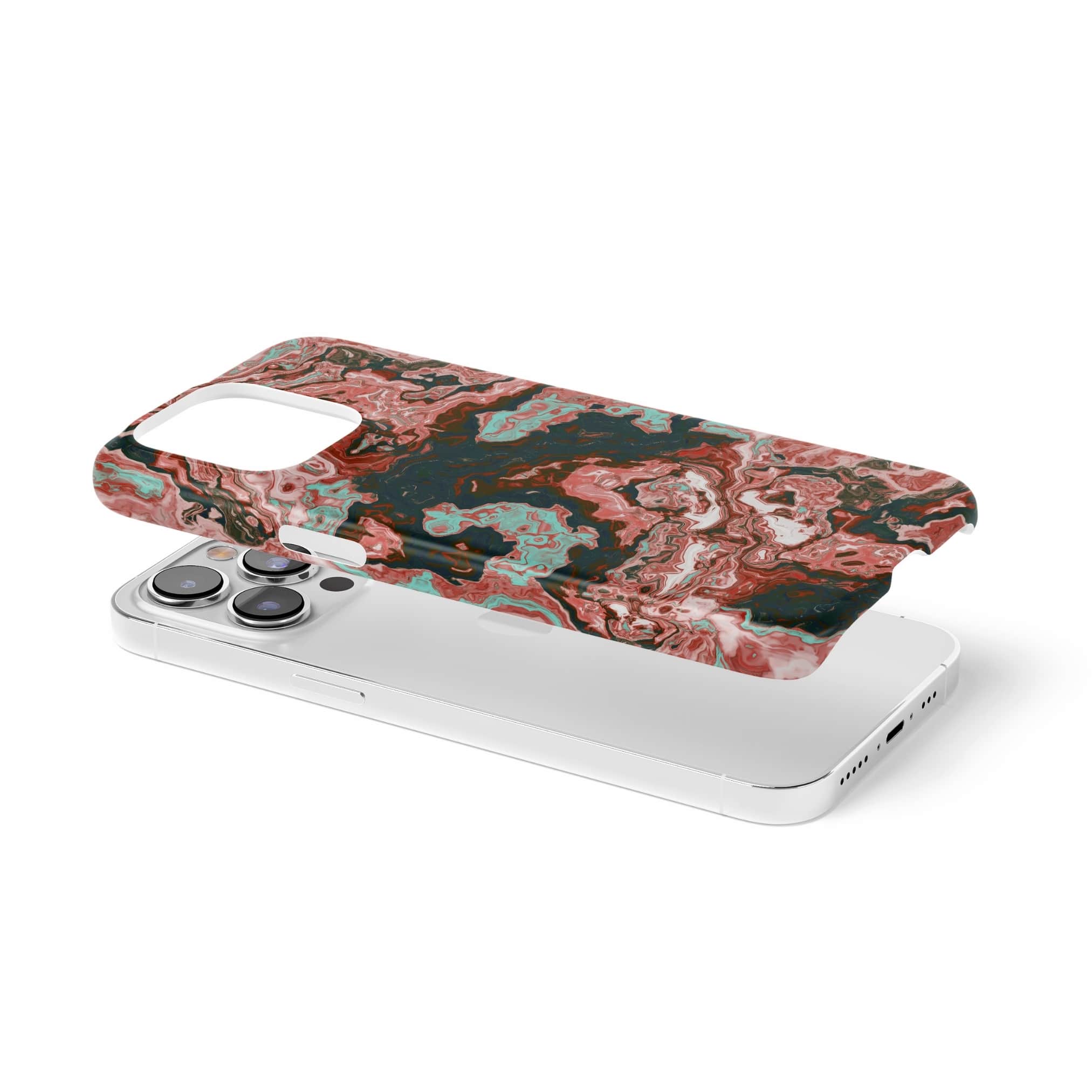 Ultra thin snap phone case extend view; Red Coffee 1 pattern, artistic, abstract marble pattern. Red and light blue color combination.
