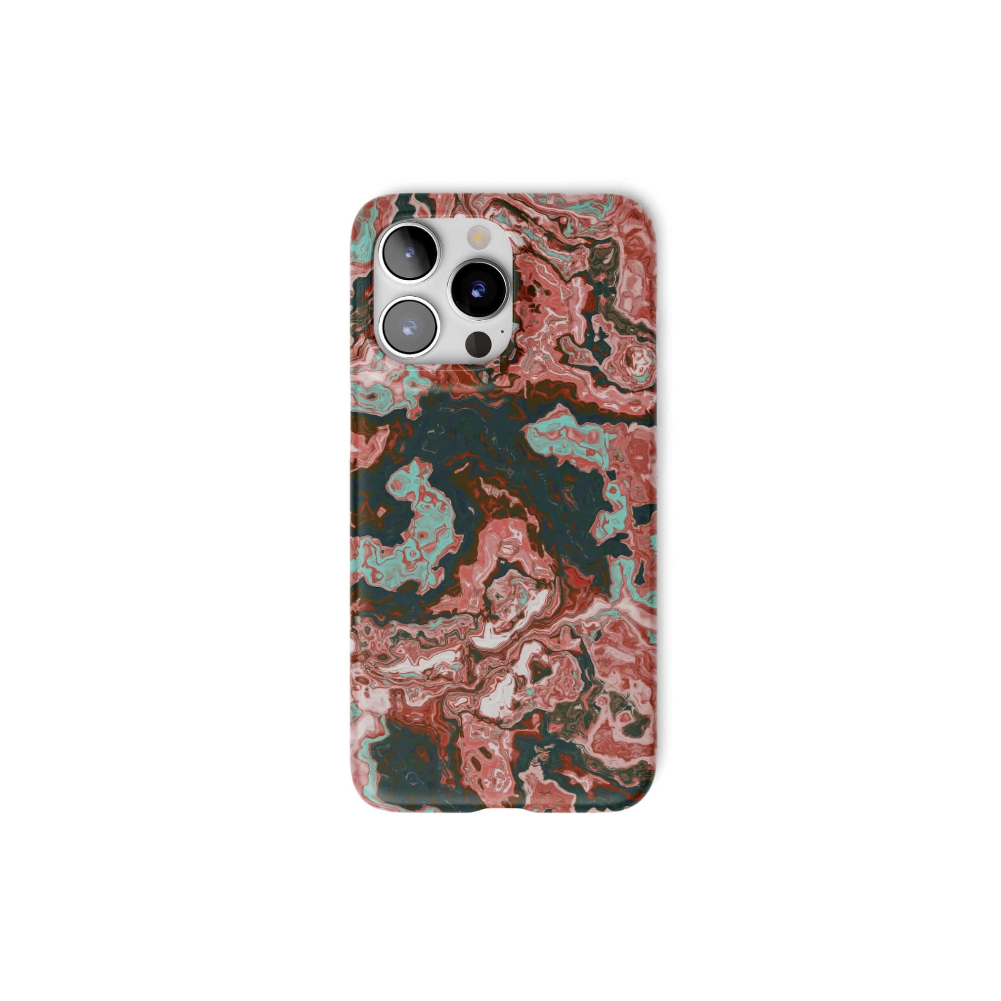 Ultra thin snap phone case front view; Red Coffee 1 pattern, artistic, abstract marble pattern. Red and light blue color combination.