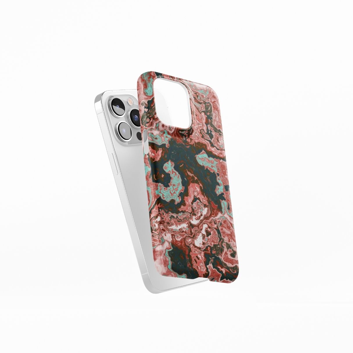 Ultra thin snap phone case side view; Red Coffee pattern, artistic, abstract marble pattern. Red and light blue color combination.