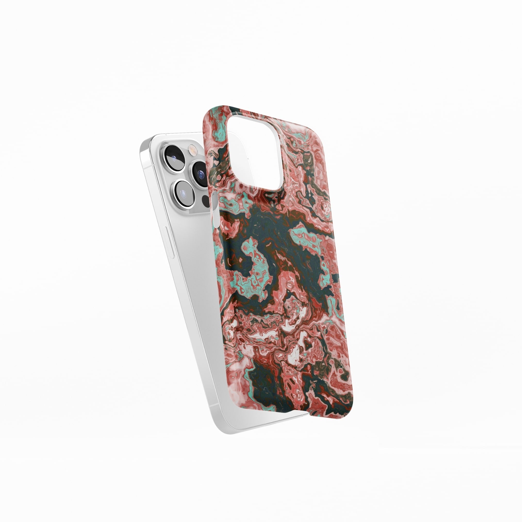 Ultra thin snap phone case side view; Red Coffee pattern, artistic, abstract marble pattern. Red and light blue color combination.