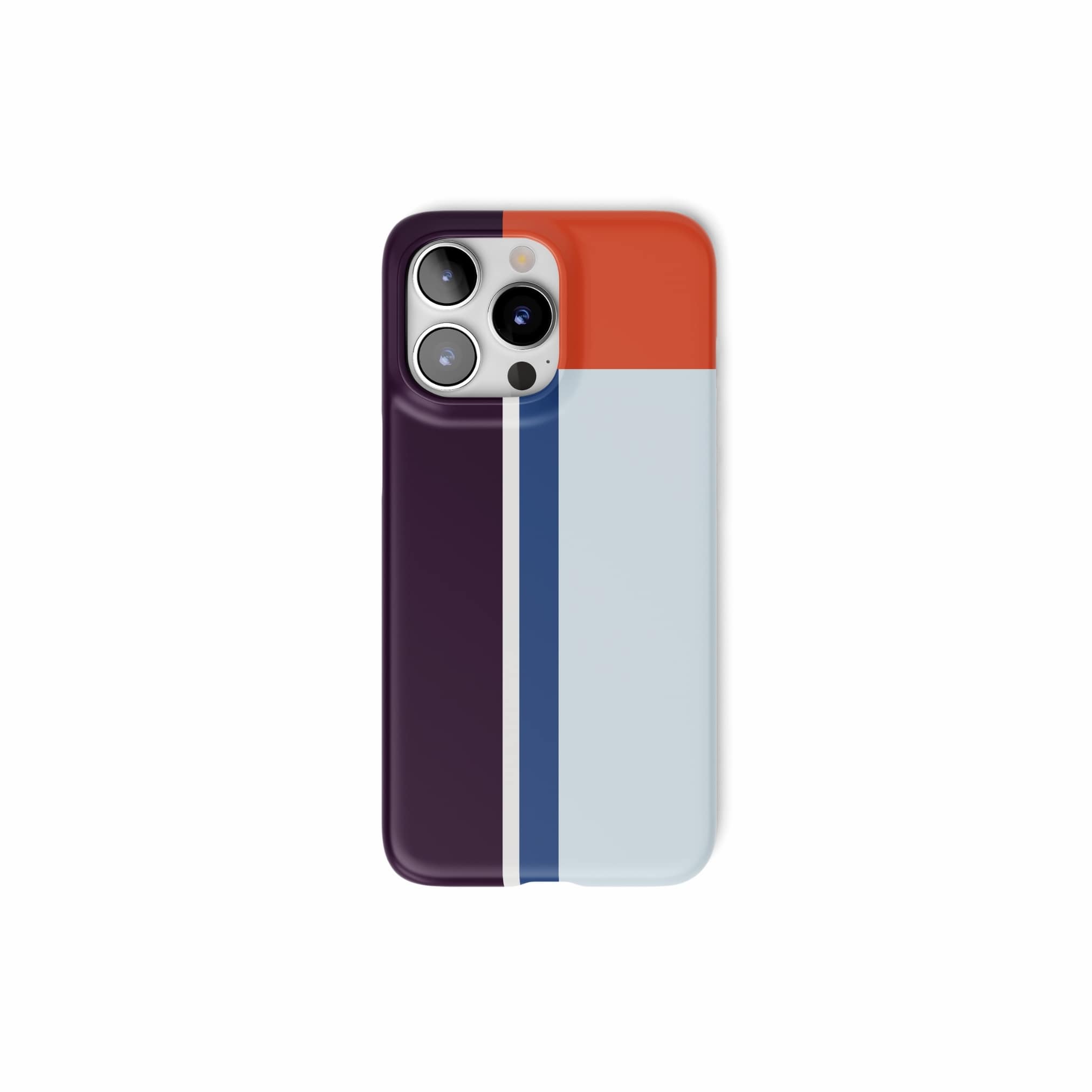 Ultra thin snap phone case Retro Stripes Blue pattern design with a bold color blocks in vintage, mid century modern style, featuring an elegant and expressive aesthetic design. Main colors are deep purple, navy, light blue and orange red. Front view.