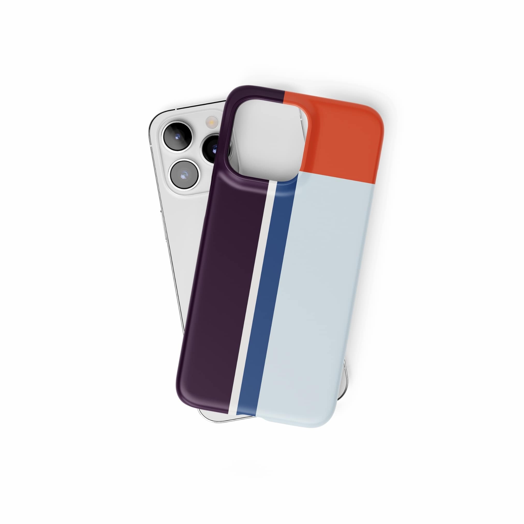 Ultra thin snap phone case Retro Stripes Blue pattern design with a bold color blocks in vintage, mid century modern style, featuring an elegant and expressive aesthetic design. Main colors are deep purple, navy, light blue and orange red. Front view.