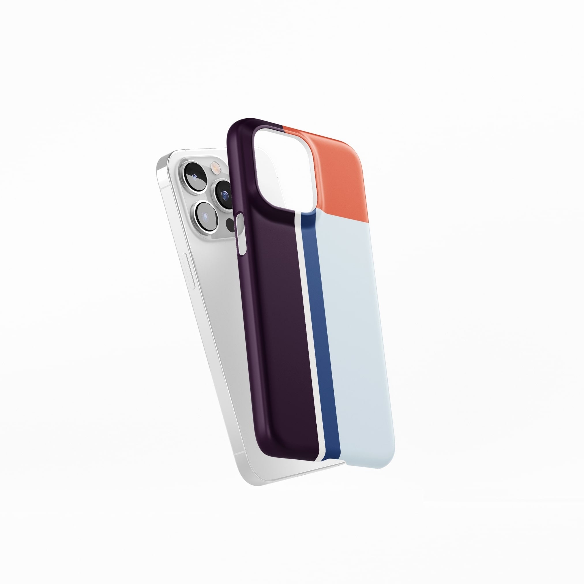 Ultra thin snap phone case Retro Stripes Blue pattern design with a bold color blocks in vintage, mid century modern style, featuring an elegant and expressive aesthetic design. Main colors are deep purple, navy, light blue and orange red. Side view.
