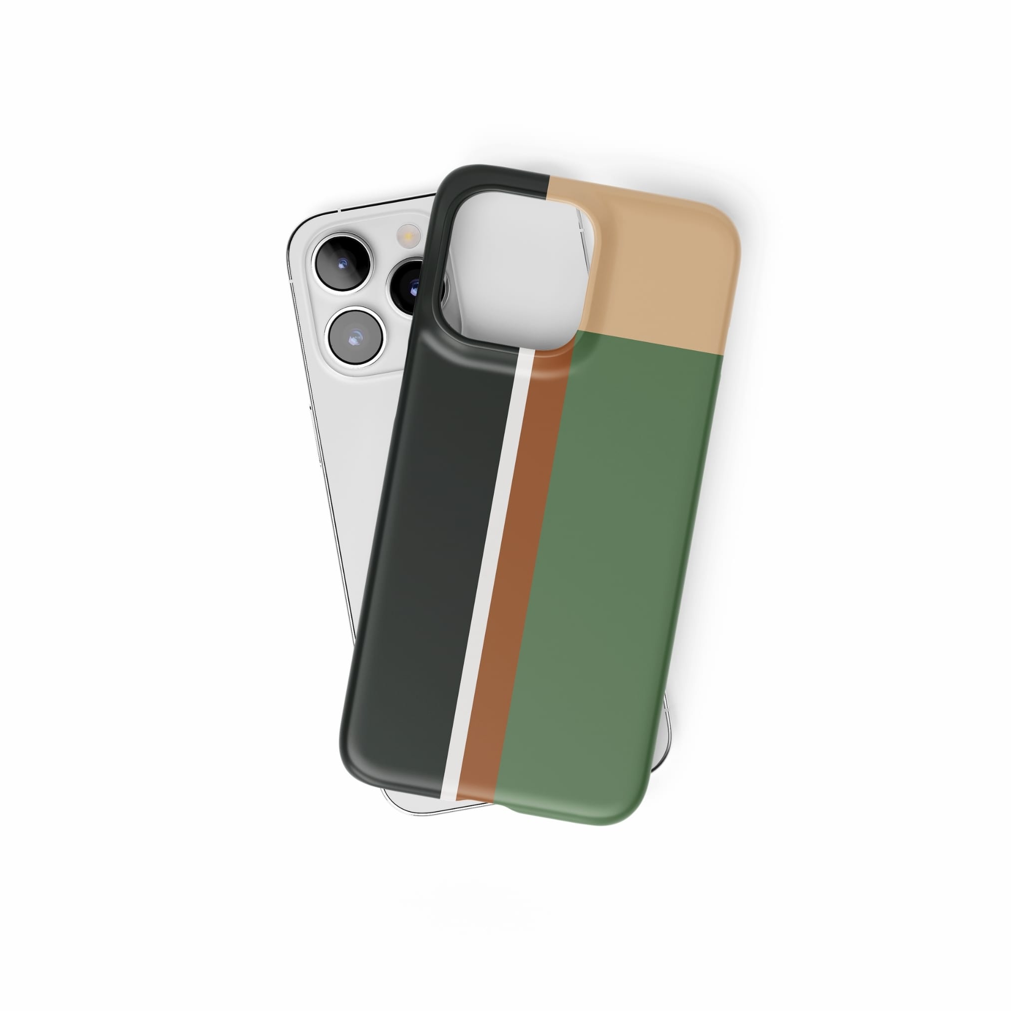Ultra thin snap phone phone case Retro Stripes Khaki pattern design with a bold color blocks in vintage, mid century modern style, featuring an elegant and expressive aesthetic design. Main colors are khaki, dark green, brown and cappuccino. Front view.
