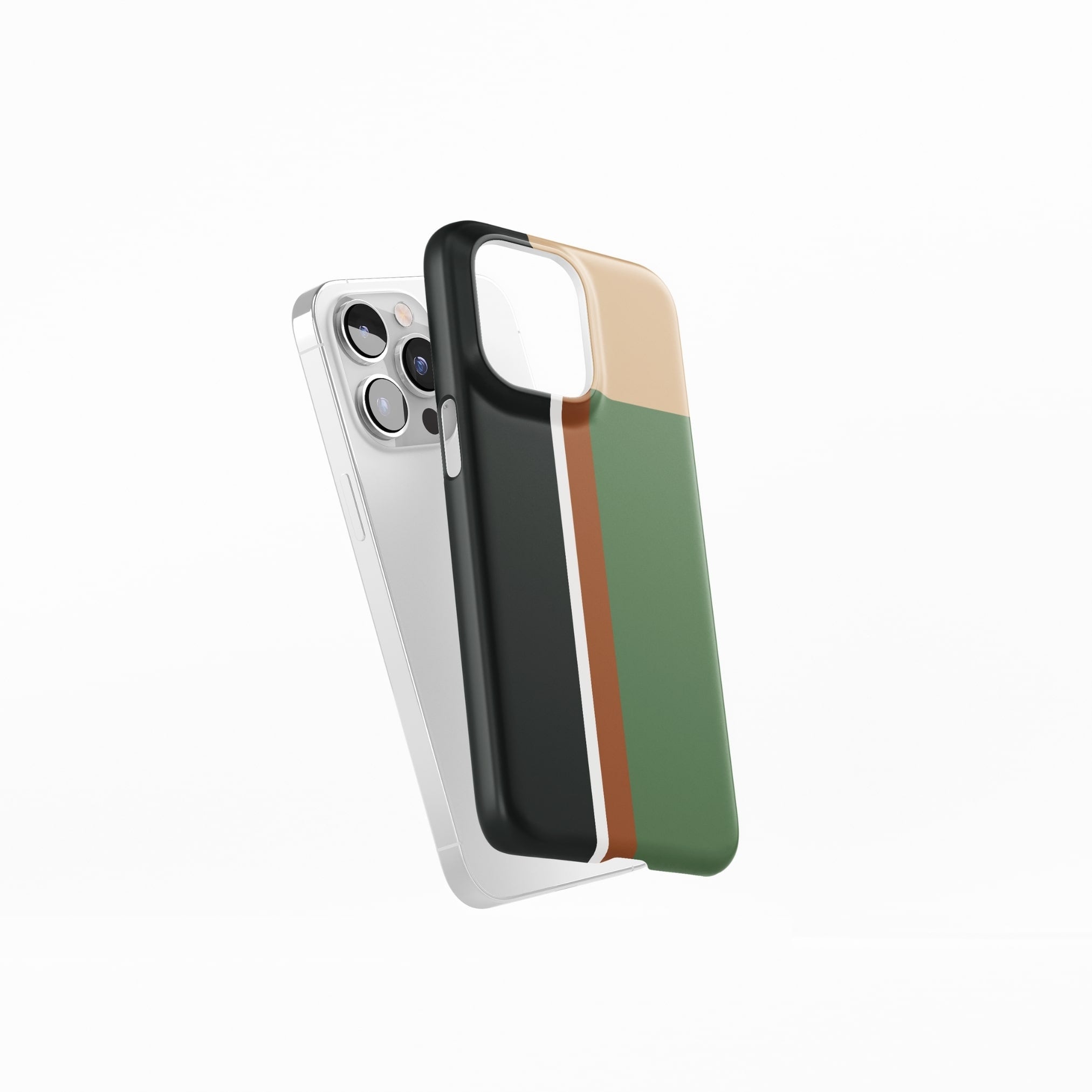 Ultra thin snap phone phone case Retro Stripes Khaki pattern design with a bold color blocks in vintage, mid century modern style, featuring an elegant and expressive aesthetic design. Main colors are khaki, dark green, brown and cappuccino. Side view.